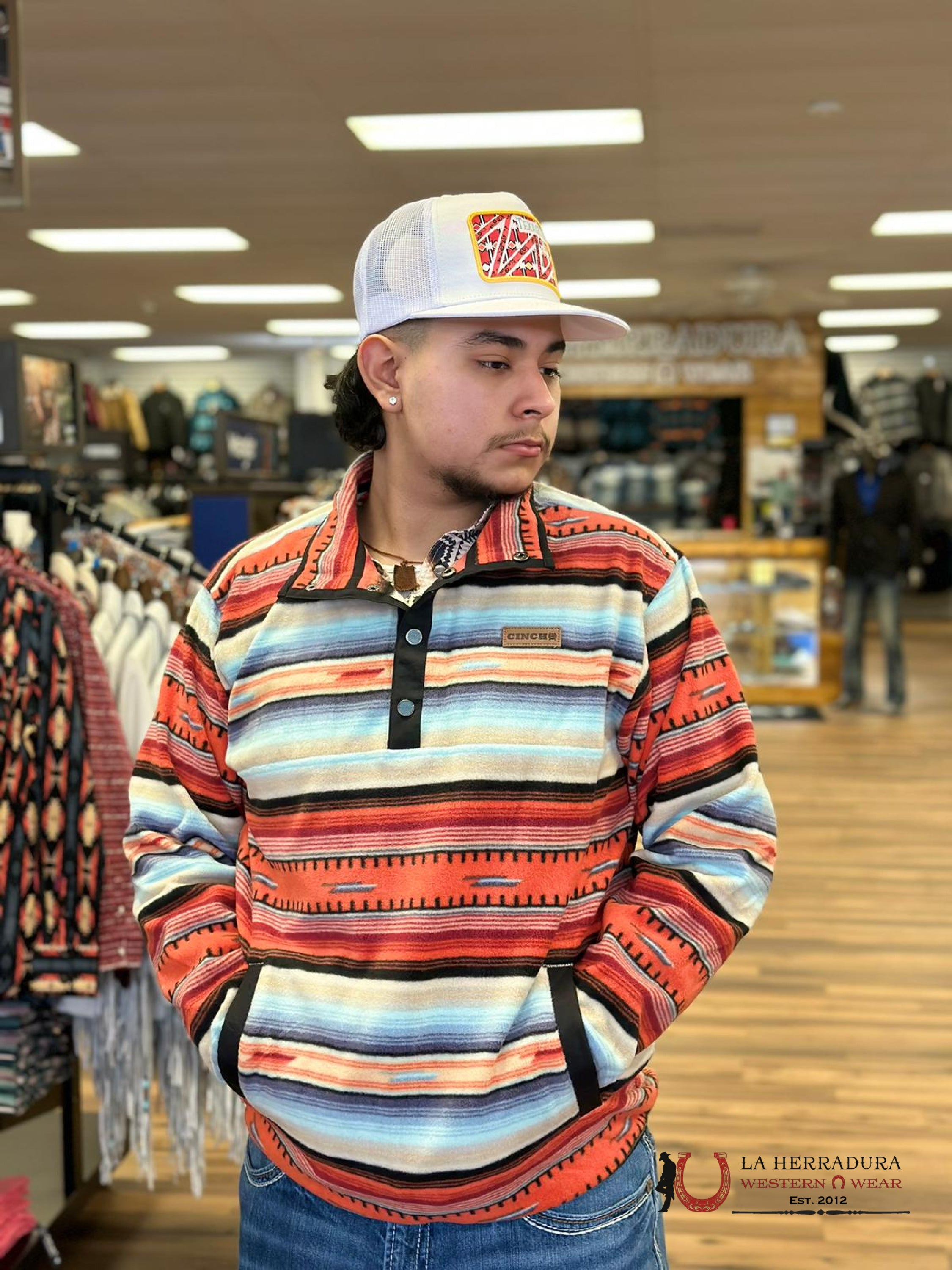 Cinch Mens Orange/Light Blue Aztec Pull Over Ropa Hombres
