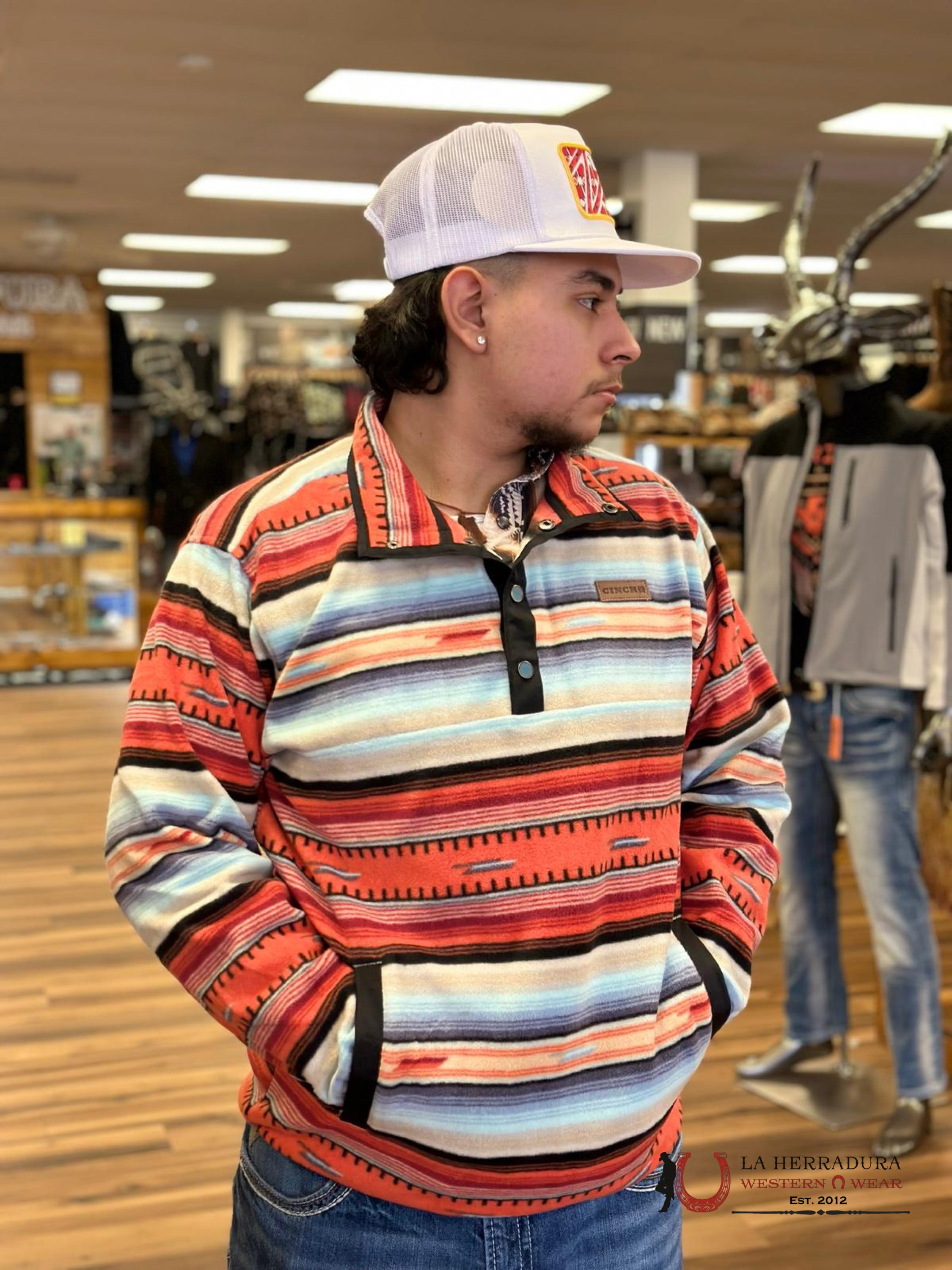 Cinch Mens Orange/Light Blue Aztec Pull Over Ropa Hombres