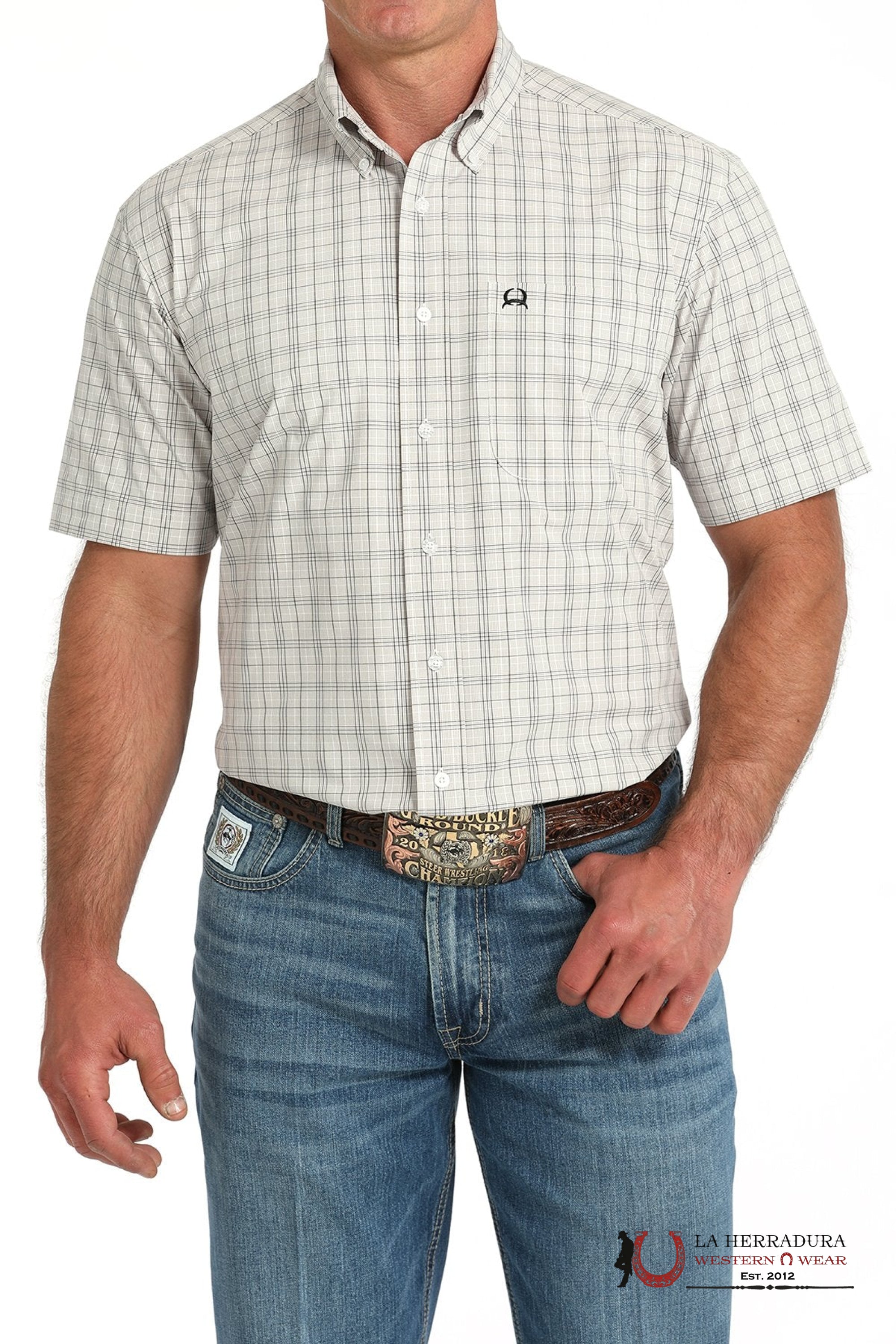 CINCH MEN’S SHORT SLEEVE PLAID BUTTON-DOWN WESTERN SHIRT - WHITE MTW1725002 ROPA HOMBRES