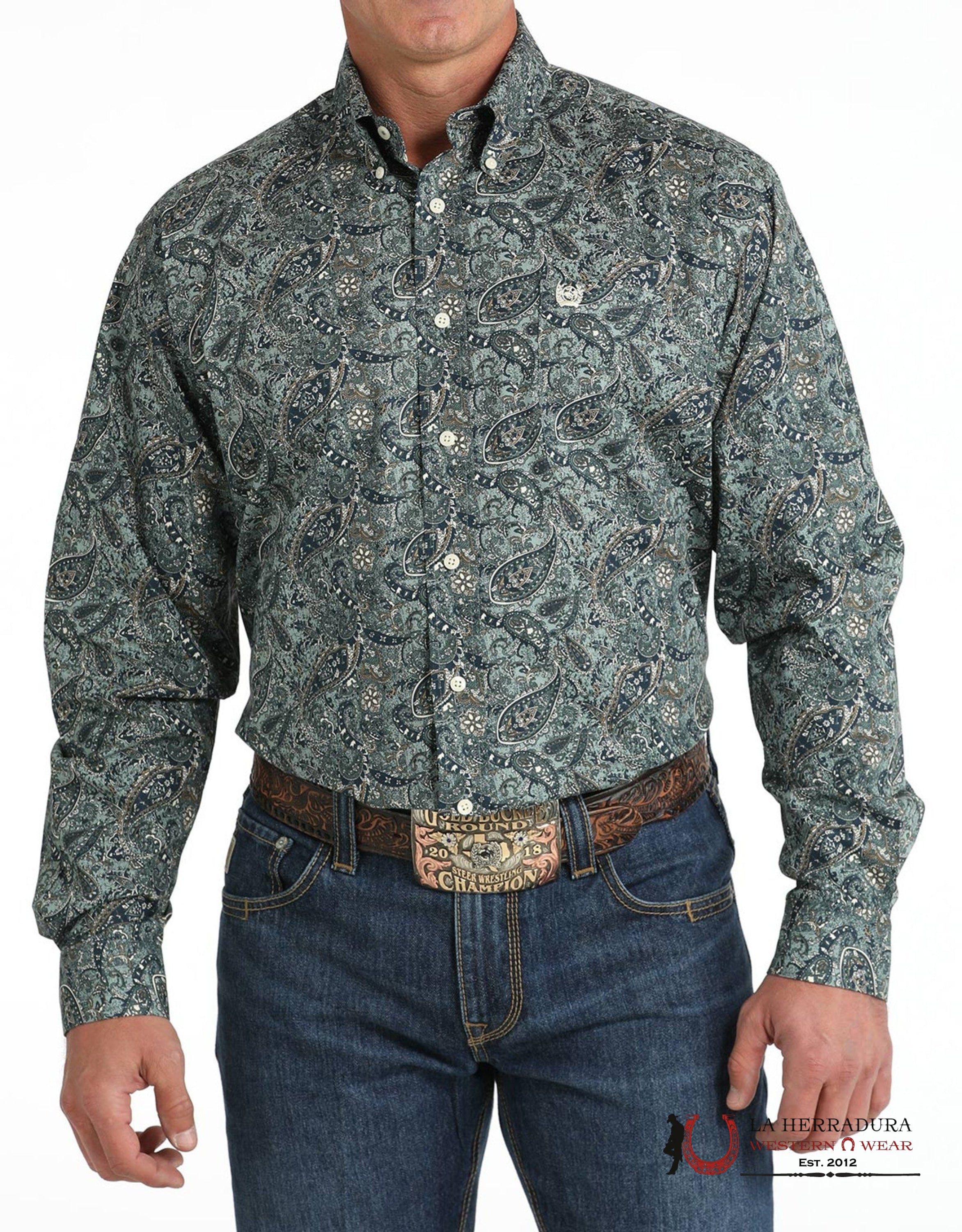 CINCH PAISLEY PRONT BOTTOM DOWN GREEN LONG SLEEVE SHIRT MTW1105811 ROPA HOMBRES
