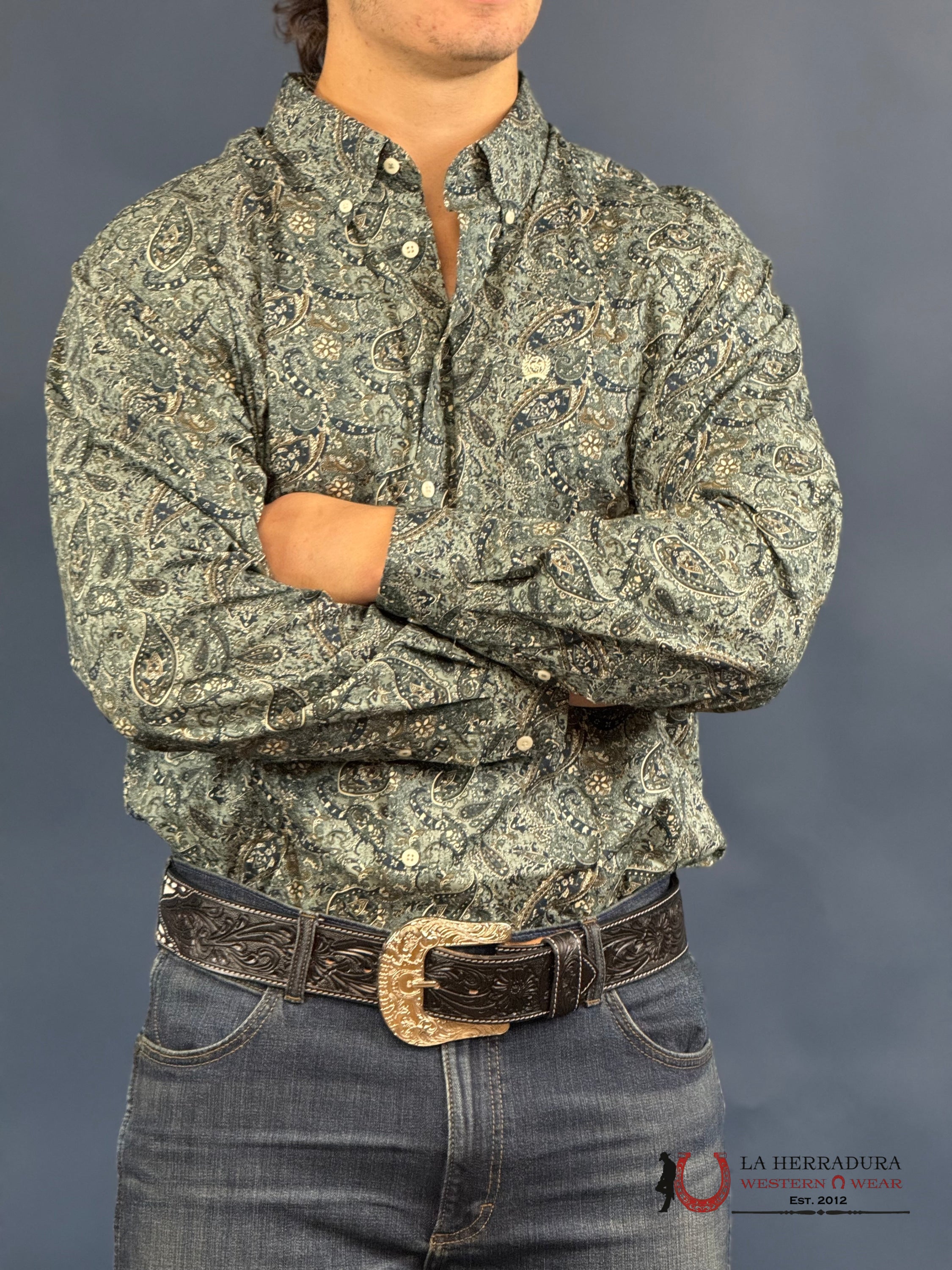 Cinch Paisley Pront Bottom Down- Green Long Sleeve Shirt Ropa Hombres