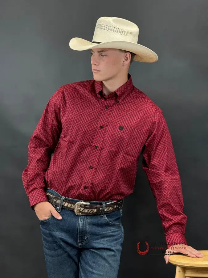 Cinch Red Black Crossed X Long Sleeve Short Ropa Hombres