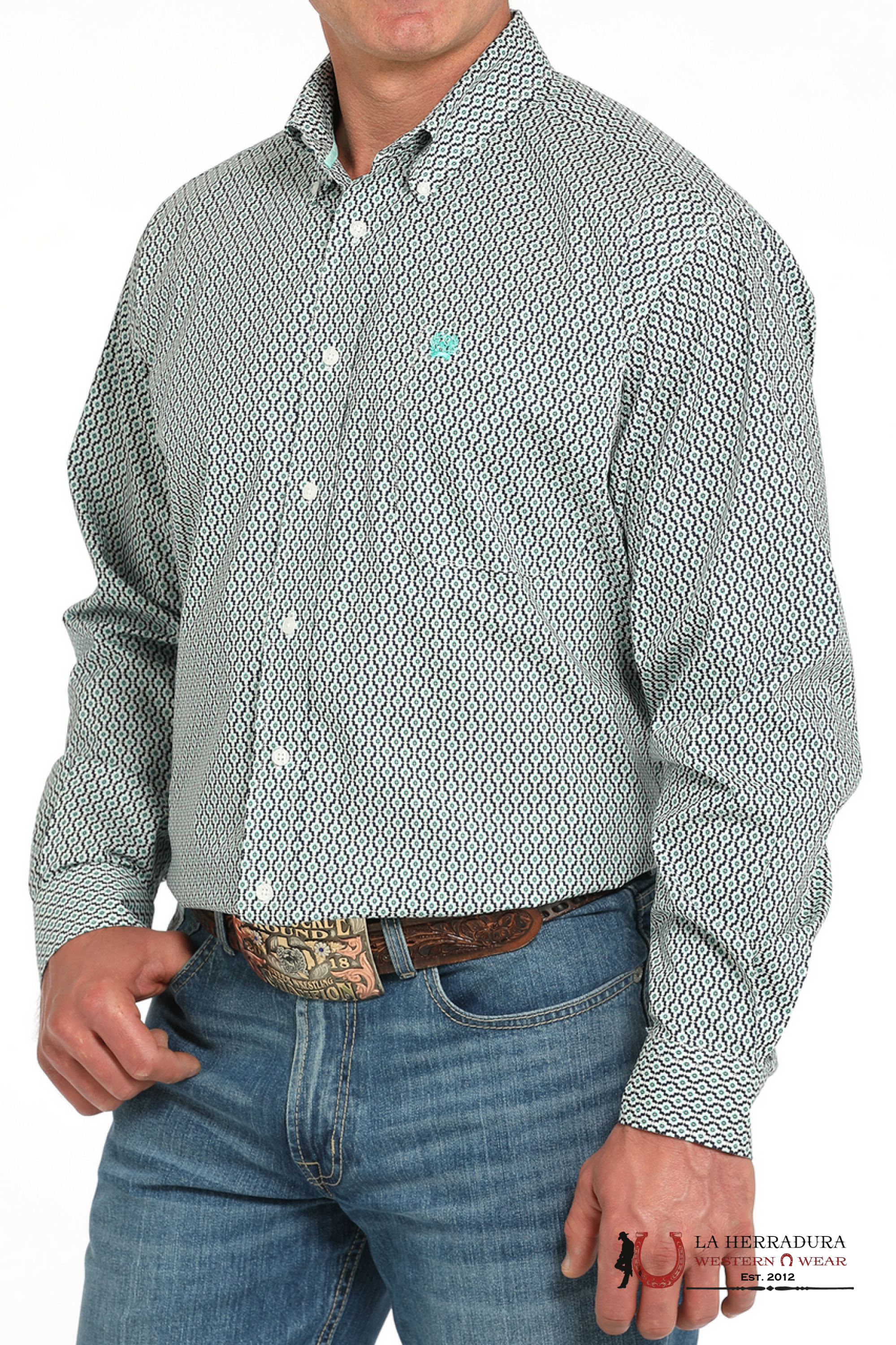 CINCH WHITE/TEAL GEOMETRIC PRINT - MENS SHIRT - MTW1105932 ROPA HOMBRES