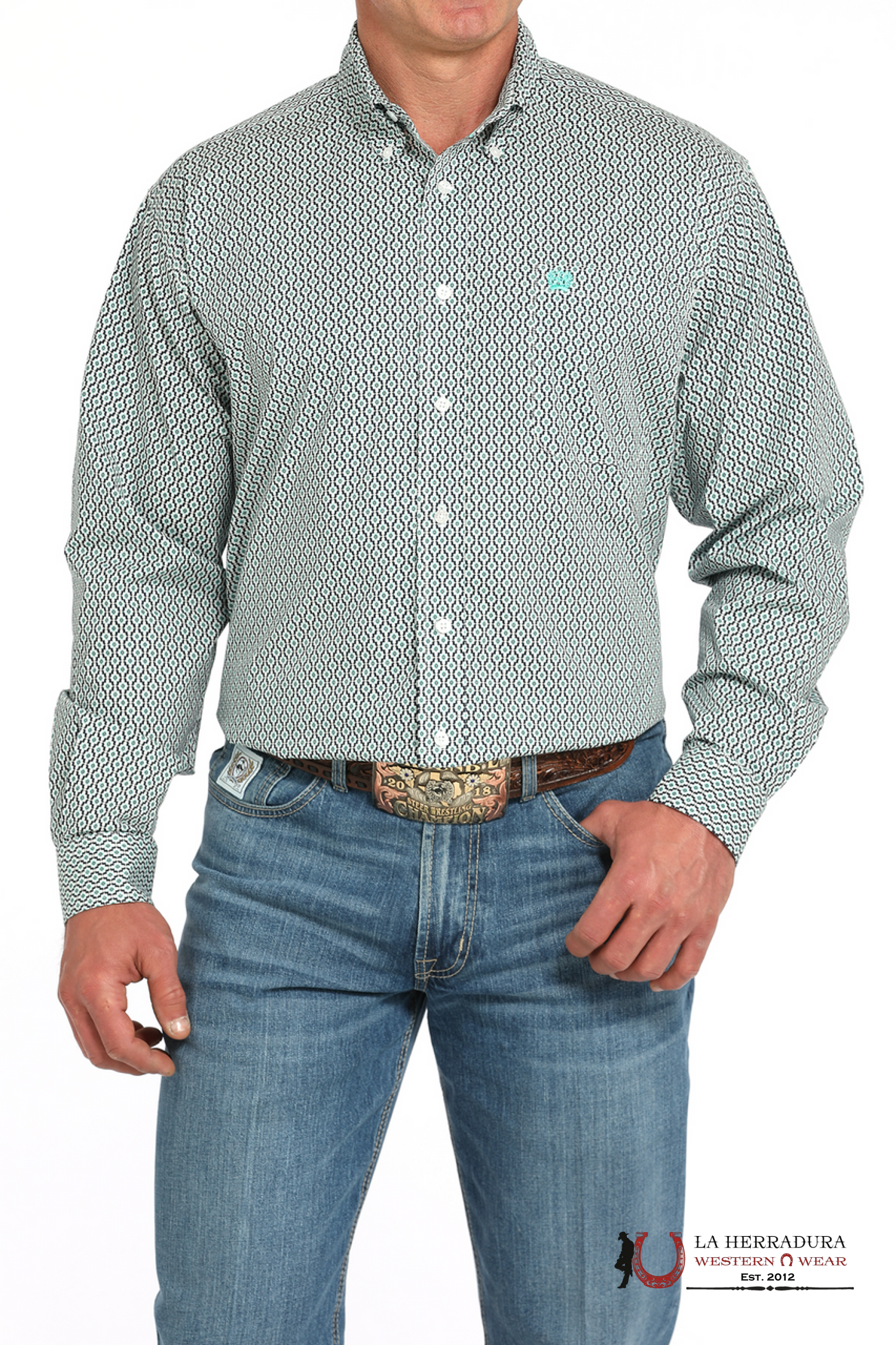 CINCH WHITE/TEAL GEOMETRIC PRINT - MENS SHIRT - MTW1105932 ROPA HOMBRES
