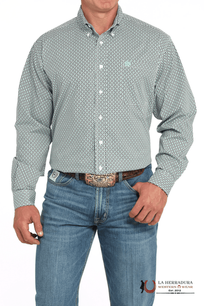 CINCH WHITE/TEAL GEOMETRIC PRINT - MENS SHIRT - MTW1105932