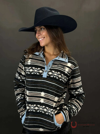 Jersey Cinch para mujer azul con patrón azteca blanco y marrón 