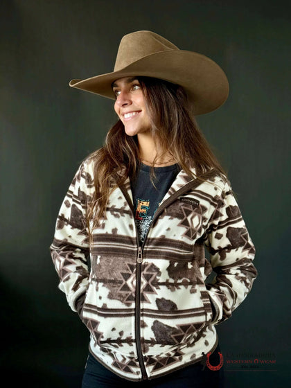 Jersey Cinch para mujer azul con patrón azteca blanco y marrón 