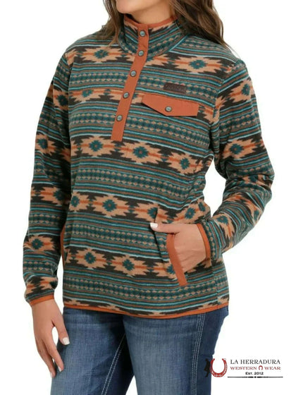 Jersey Cinch para mujer azul con patrón azteca blanco y marrón 