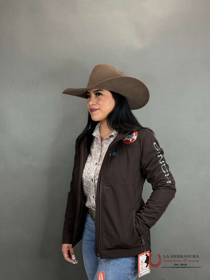 Chaqueta Softshell Cinch negra con logotipo del equipo en oro rosa para mujer