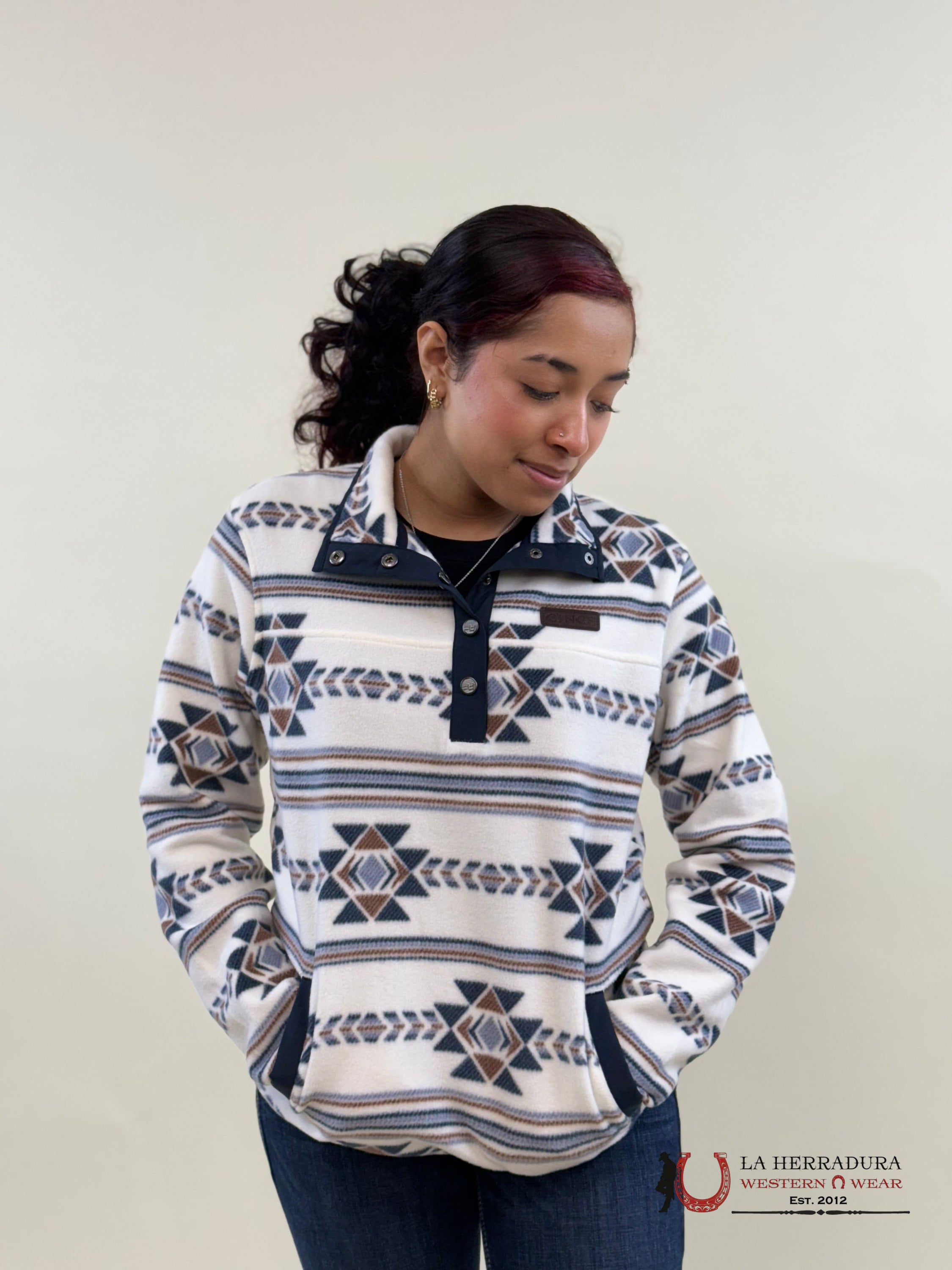Cinch Womens Pullover Navy/Brown White & Aztec Pattern Ropa Mujeres