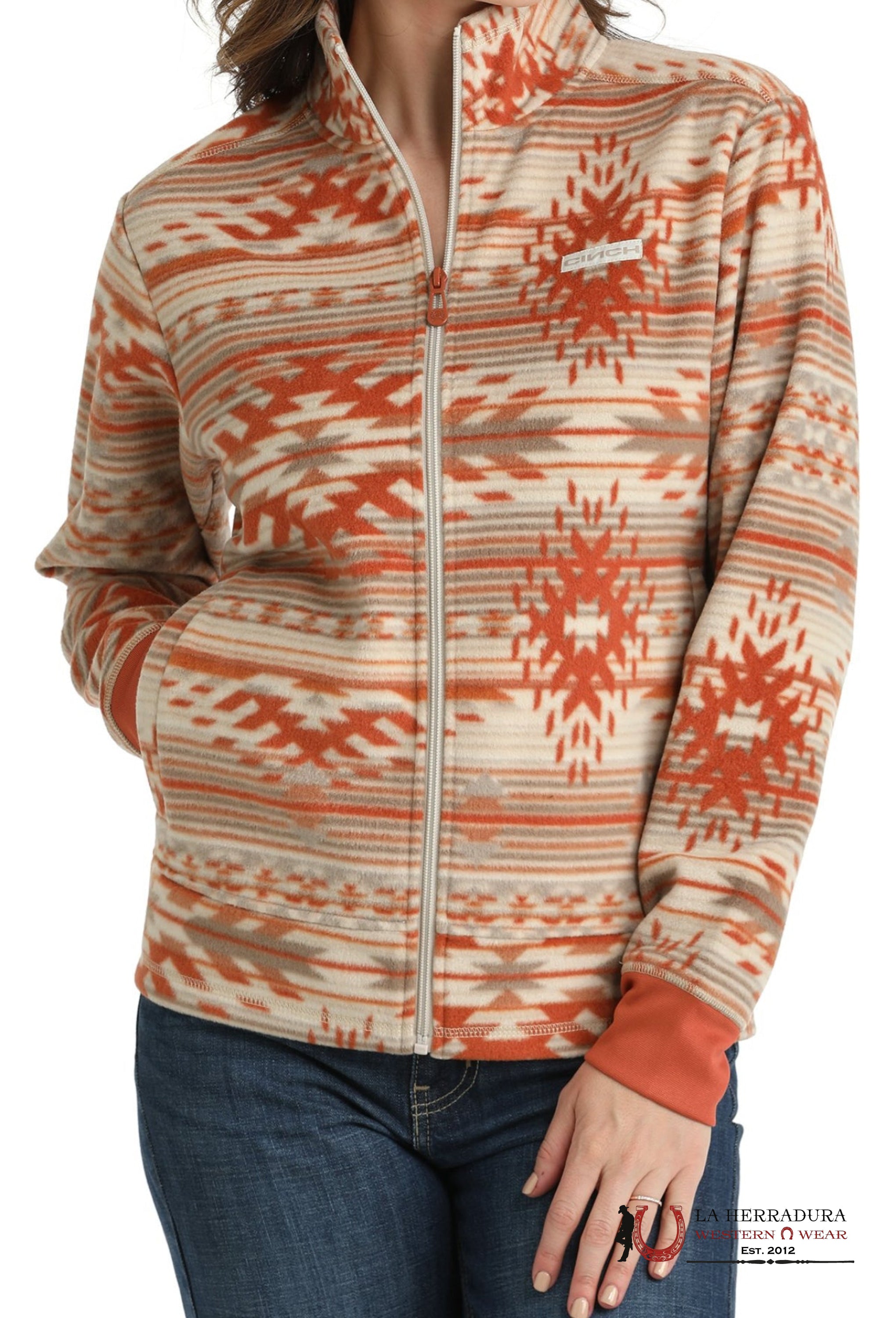 Cinch Womens Southwestern Print Fleece Stone/Gray/Coral- Jacket Ropa Mujeres