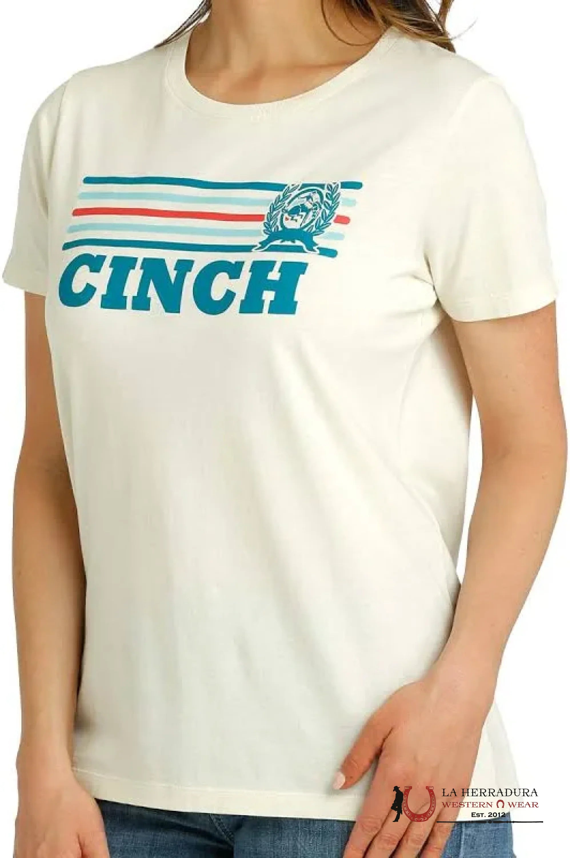 CINCH WOMEN T-SHIRT TAN BLUE AND RED CINCH LOGO MSK7901008 ROPA MUJERES