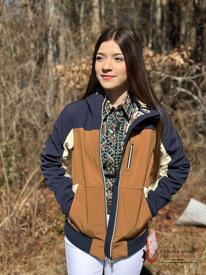 CHAQUETA DE MUJER CINCH AZUL CASTAÑO CON ESTAMPADO AZTECA MAJ9844001
