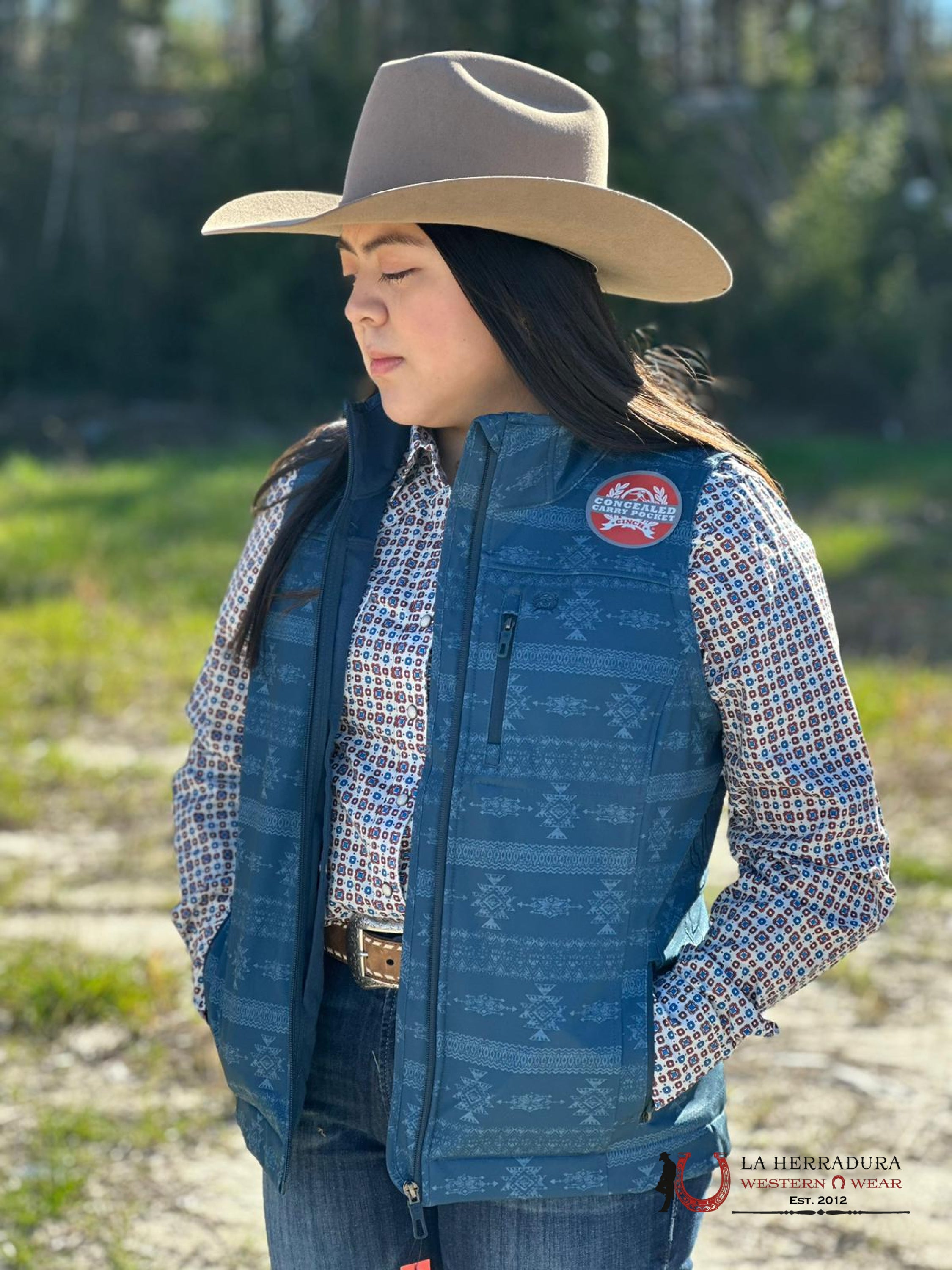 Cinch Womens Blue Aztec Pattern Vest Concealed Carry Pocket Ropa Mujeres