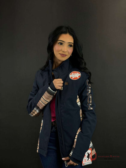 Chaqueta Softshell Cinch negra con logotipo del equipo en oro rosa para mujer