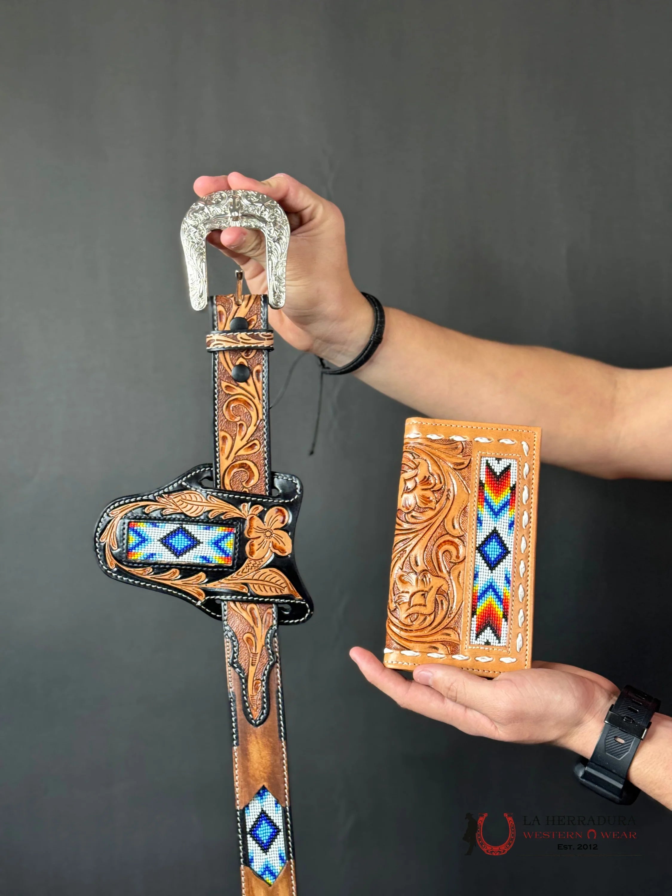 Cinto Azteca Cuero Cincelado Blue/White Only Belt! Cinturones Hombres