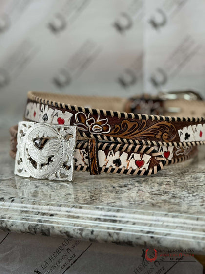 Aztec Belt, Hand-Tooled Leather, Card Motifs
