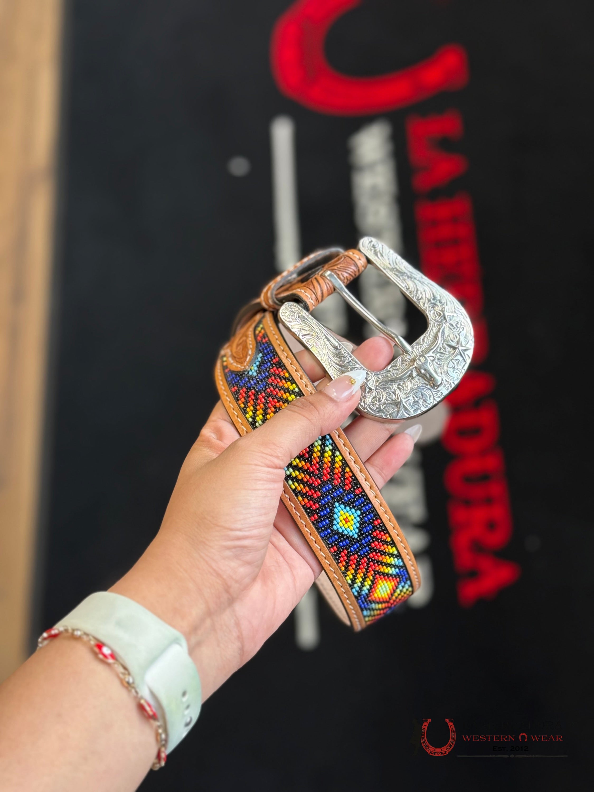 Cinto Azteca Cuero Cincelado Multicolor and Brown CINTURONES HOMBRES