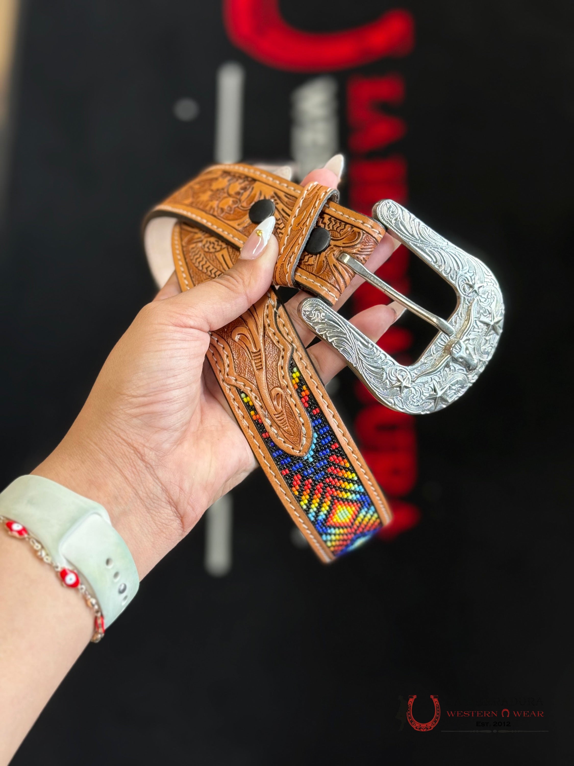 Cinto Azteca Cuero Cincelado Multicolor and Brown CINTURONES HOMBRES