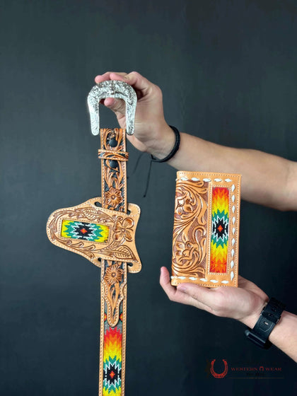 LA HERRADURA Cinturón Azteca Cincelado en Cuero Naranja/Verde ¡Solo el Cinturón!