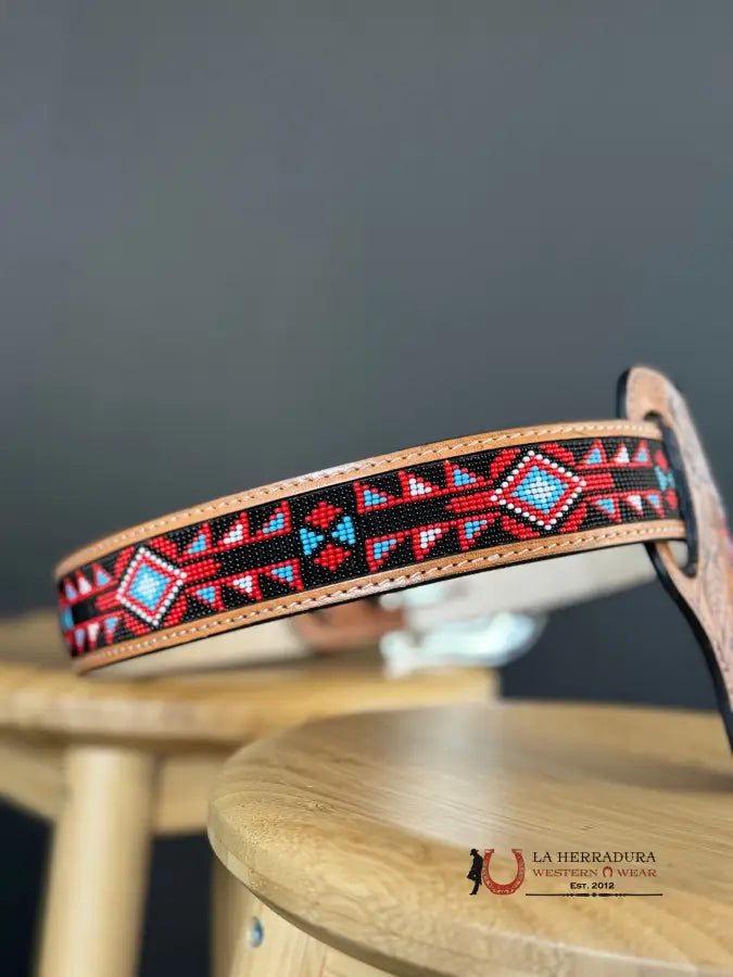 Cinto Azteca Cuero Cincelado Red/Black Blue Only Belt! Cinturones Hombres