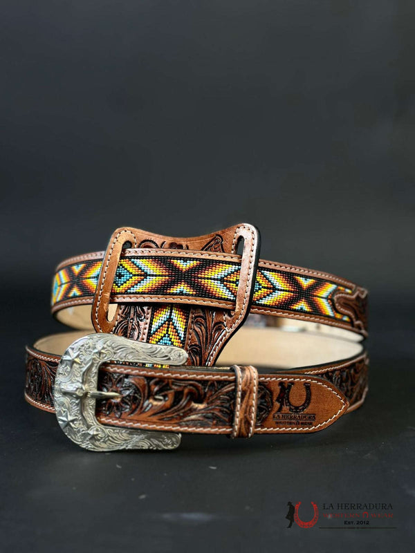 LA HERRADURA MEN BELT BROWN AZTEC MULTI COLOR BEADED