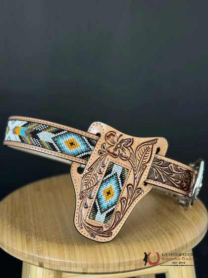 Cinto Azteca Cuero Cincelado Blanco/Azul turquesa ¡Solo Cinturón!
