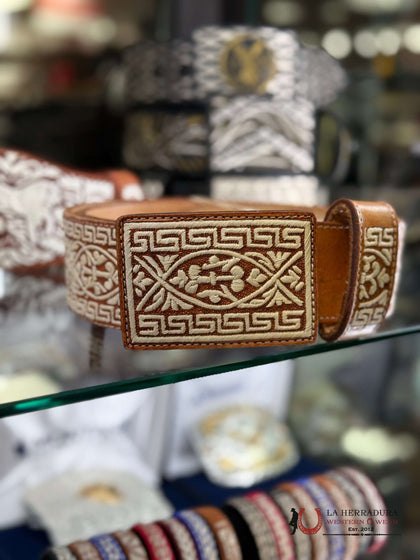 BROWN AND WHITE WOVEN BELT WITH PATTERN