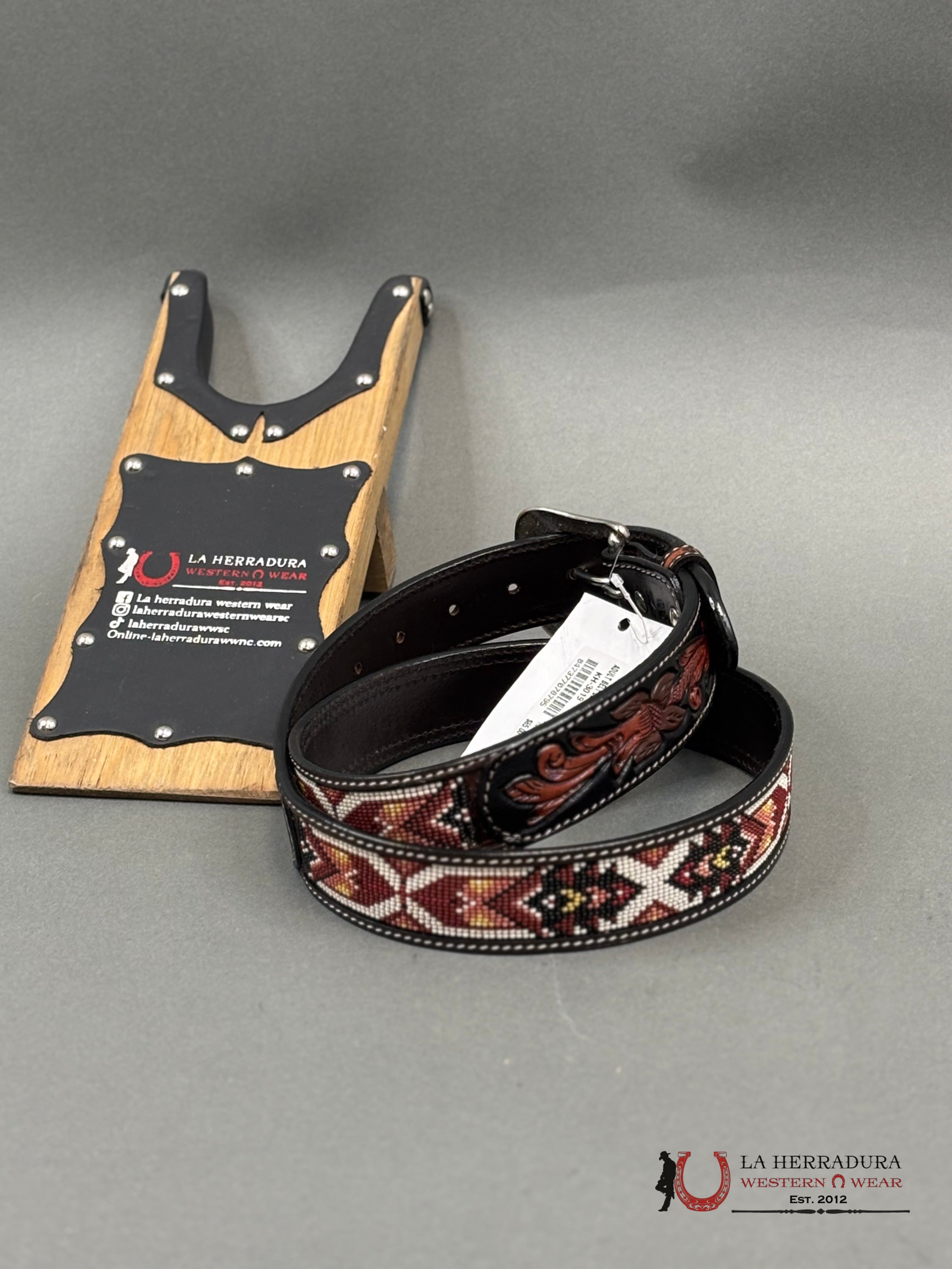 Cinturon Ranger Belt Co. Para Hombre Cafe Cincelado/Azteca Rojo Blanco Cinturones Hombres