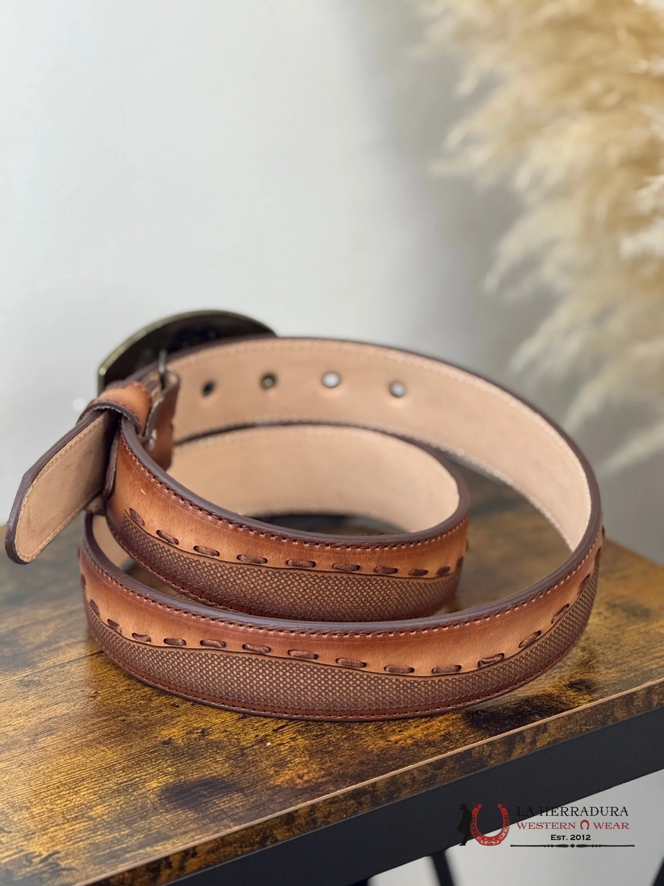 COGÑAC EMBROIDERY MEN LEATHER BELT CINTURONES HOMBRES