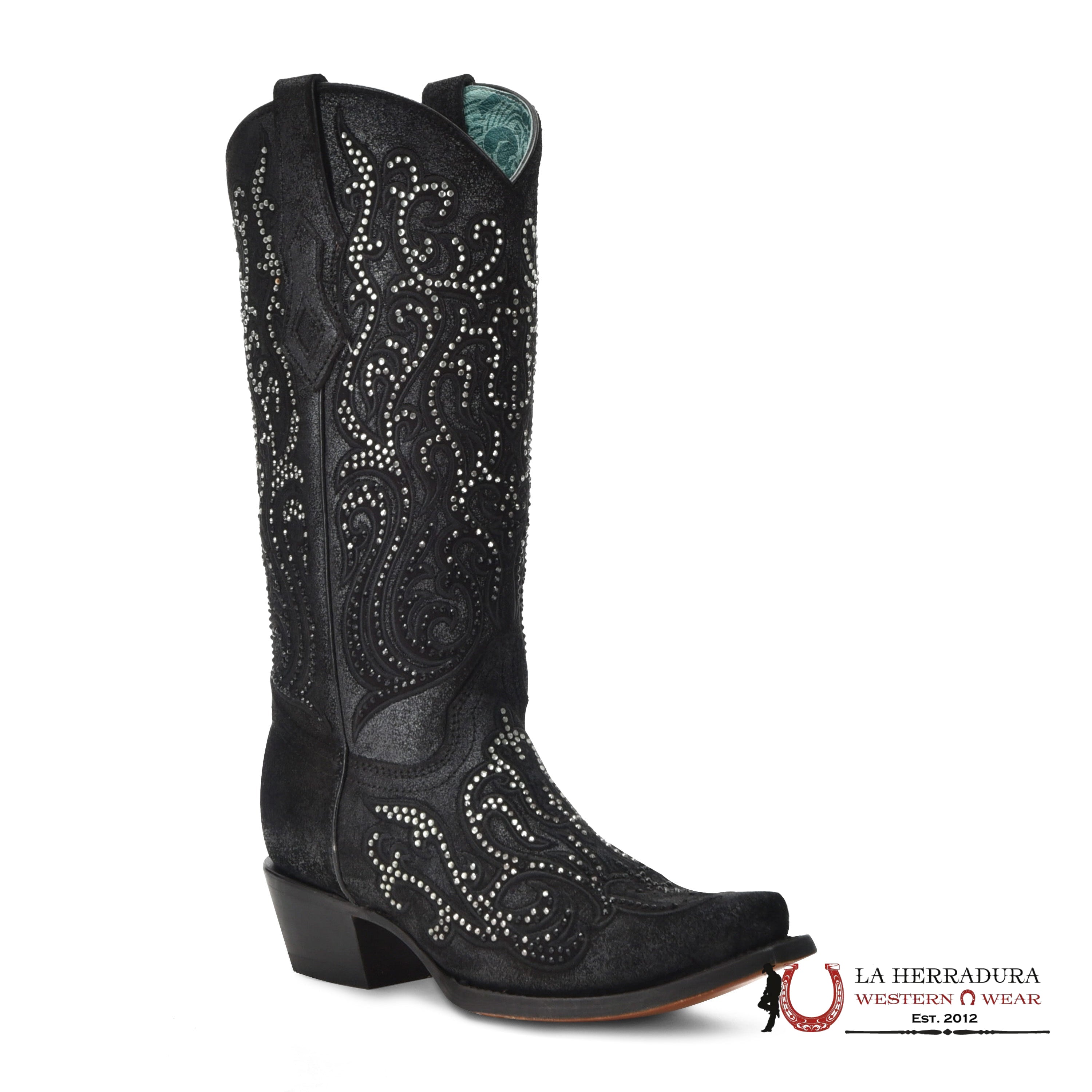 CORRAL BLACK EMBROIDERY & CRYSTALS POINT TOE C4100 BOTAS MUJERES