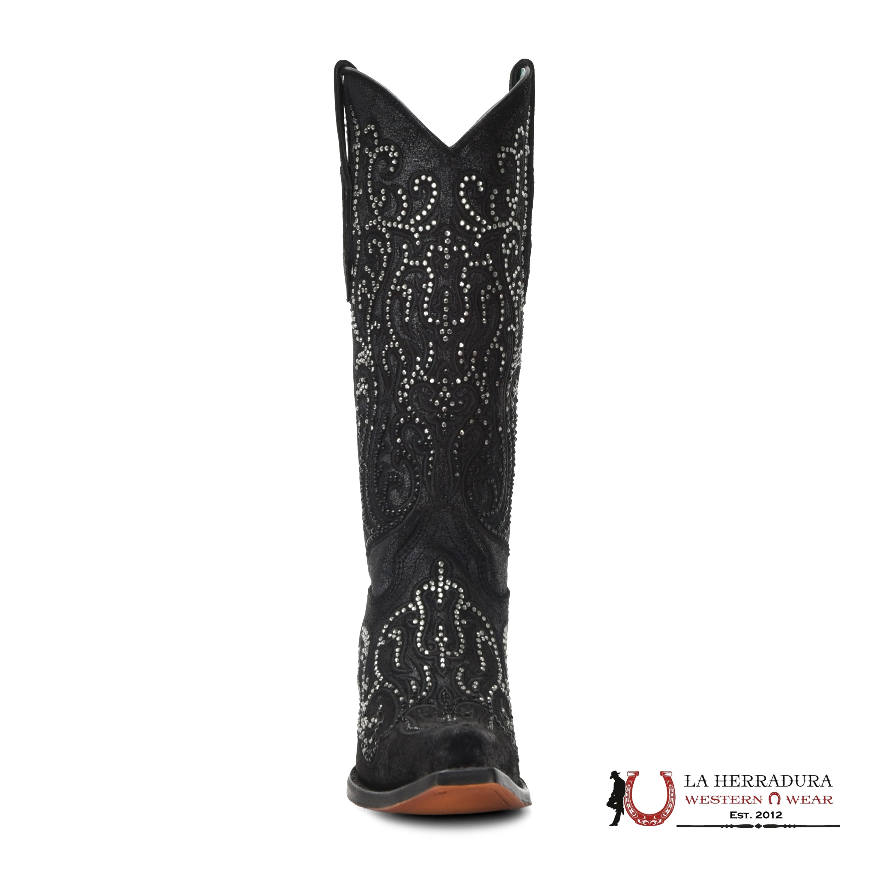 CORRAL BLACK EMBROIDERY & CRYSTALS POINT TOE C4100 BOTAS MUJERES
