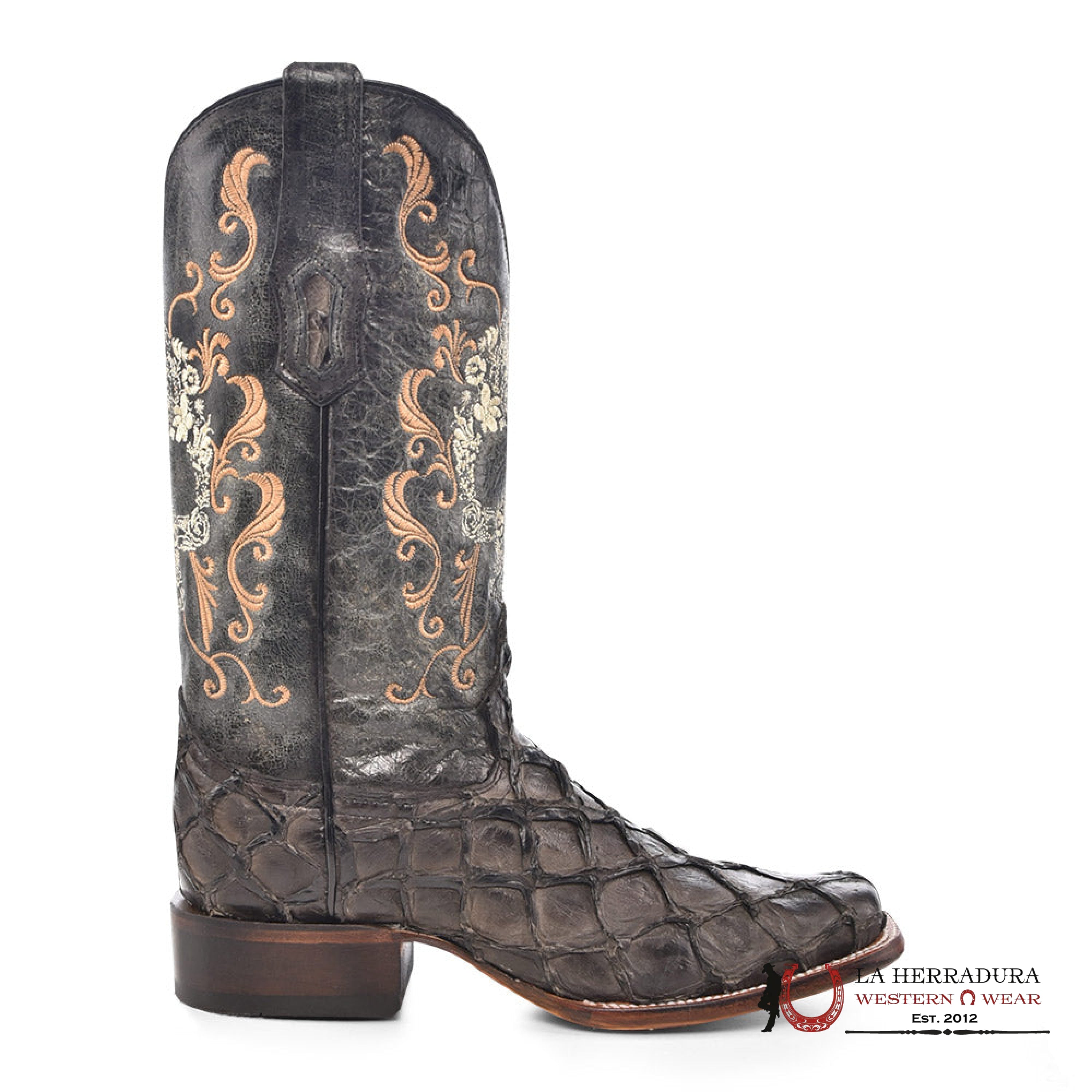 CORRAL BLACK FISH PIRARUCU EMBROIDERY SKULL NARROW SQ. TOE A4576 BOTAS MUJERES