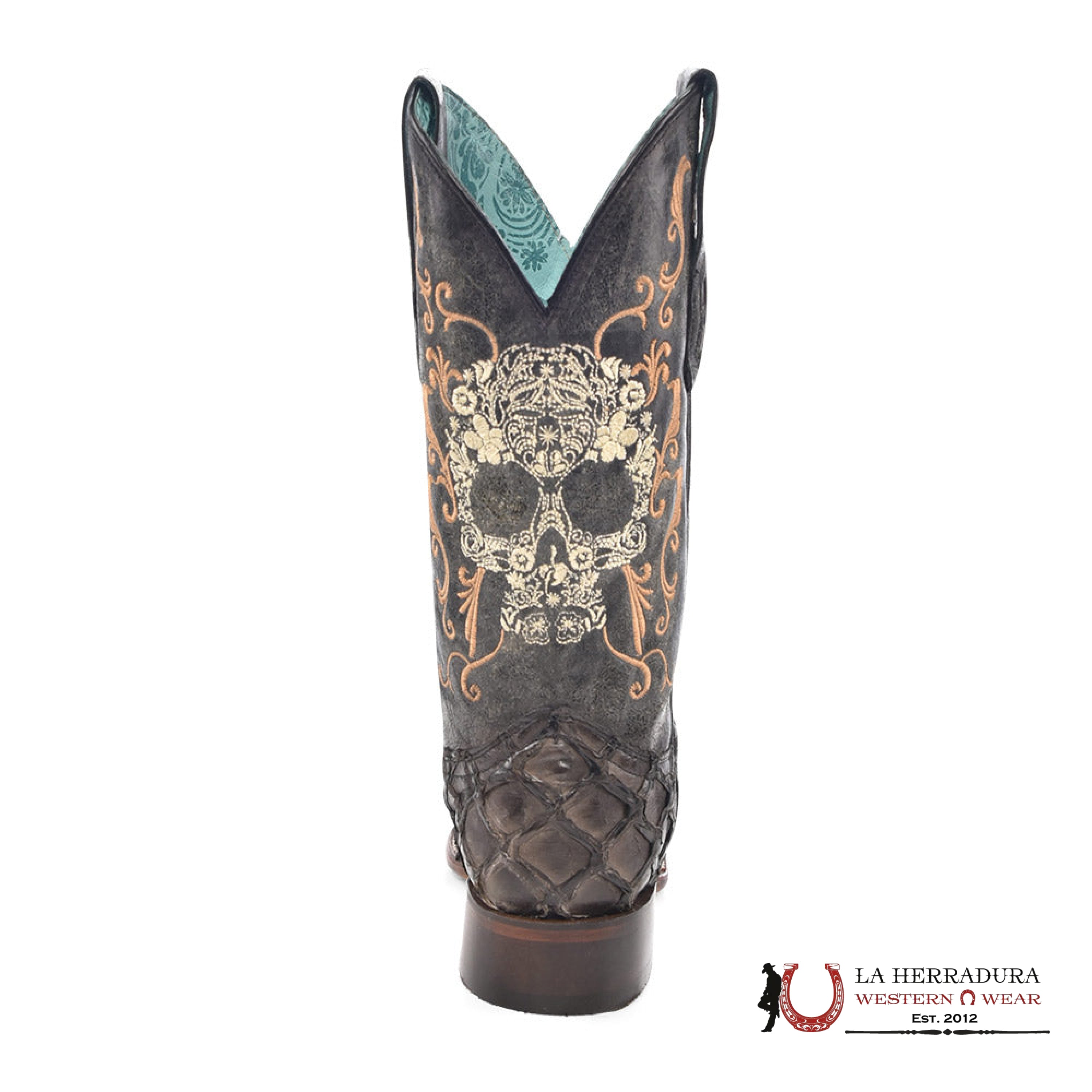 CORRAL BLACK FISH PIRARUCU EMBROIDERY SKULL NARROW SQ. TOE A4576 BOTAS MUJERES