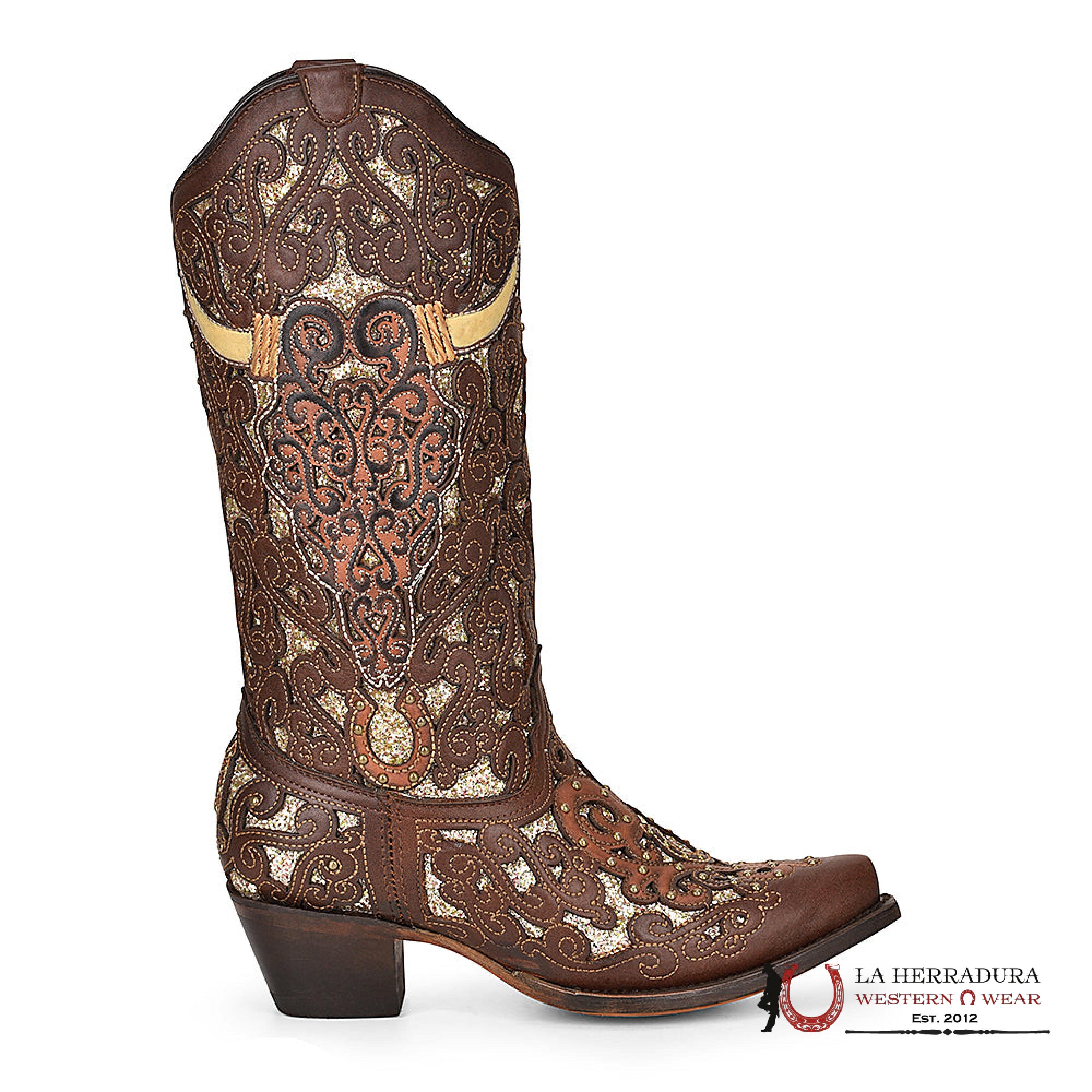 CORRAL BROWN GLITTER INLAY & BULL SKULL EMBROIDERED POINT TOE A4407 BOTAS MUJERES