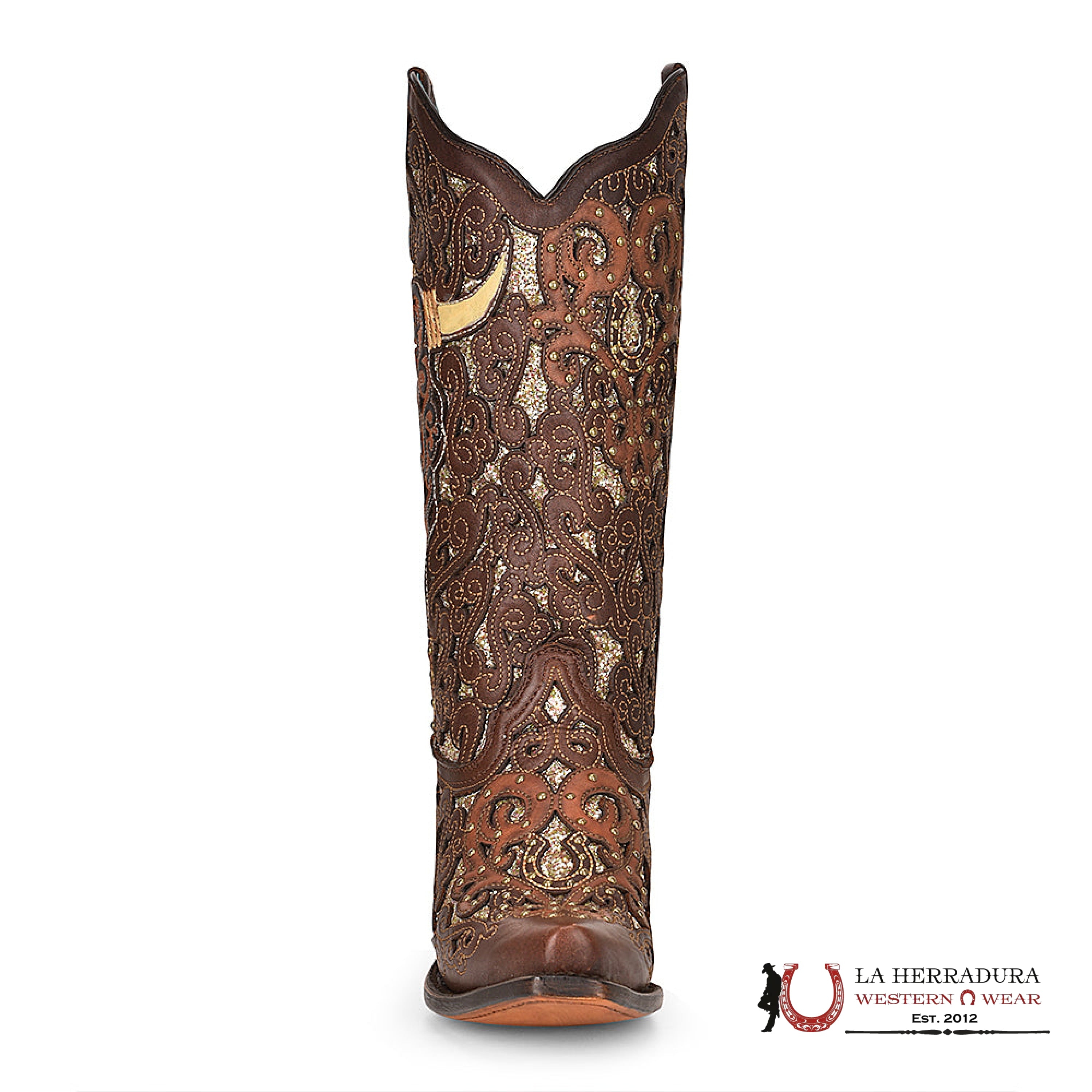 CORRAL BROWN GLITTER INLAY & BULL SKULL EMBROIDERED POINT TOE A4407 BOTAS MUJERES