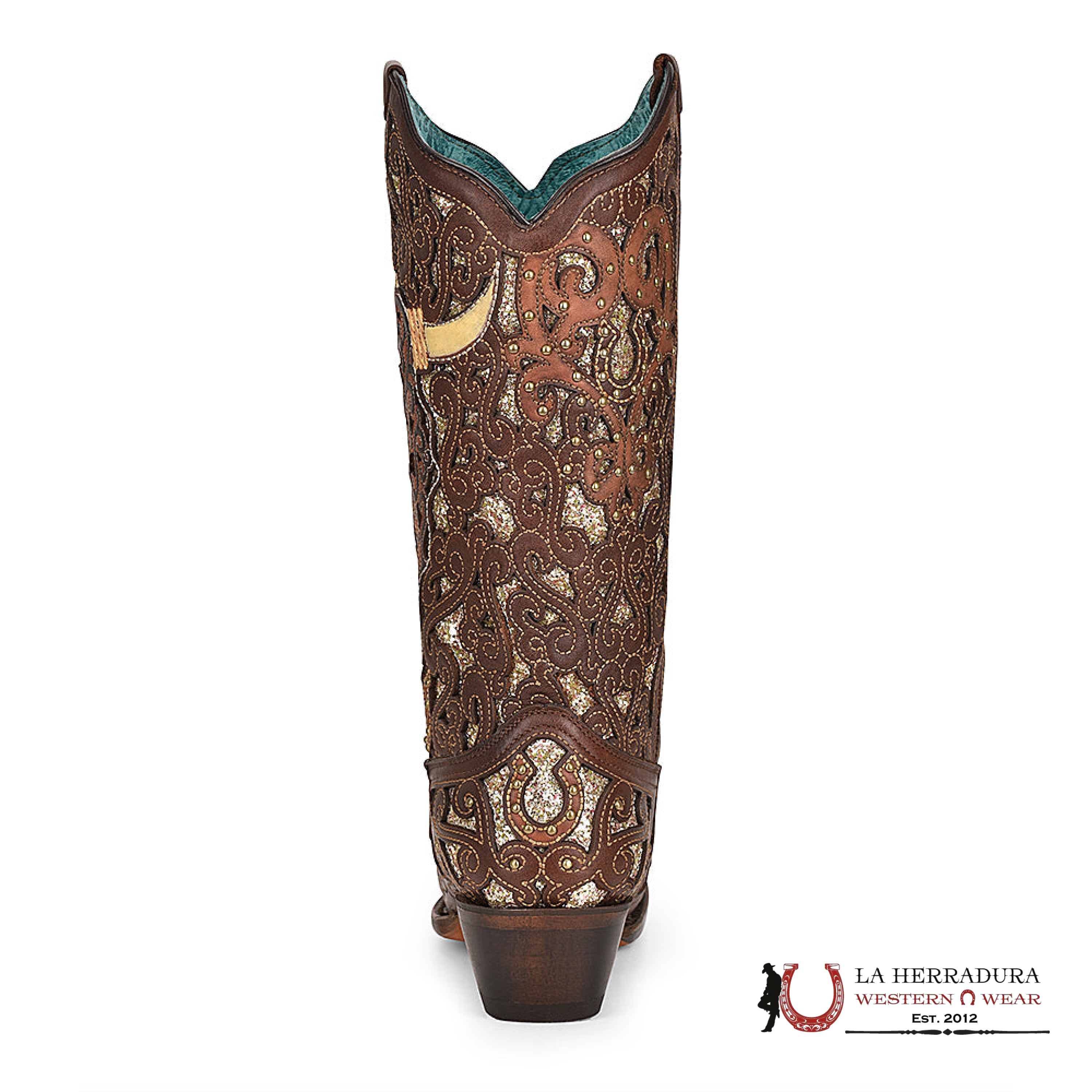 CORRAL BROWN GLITTER INLAY & BULL SKULL EMBROIDERED POINT TOE A4407 BOTAS MUJERES