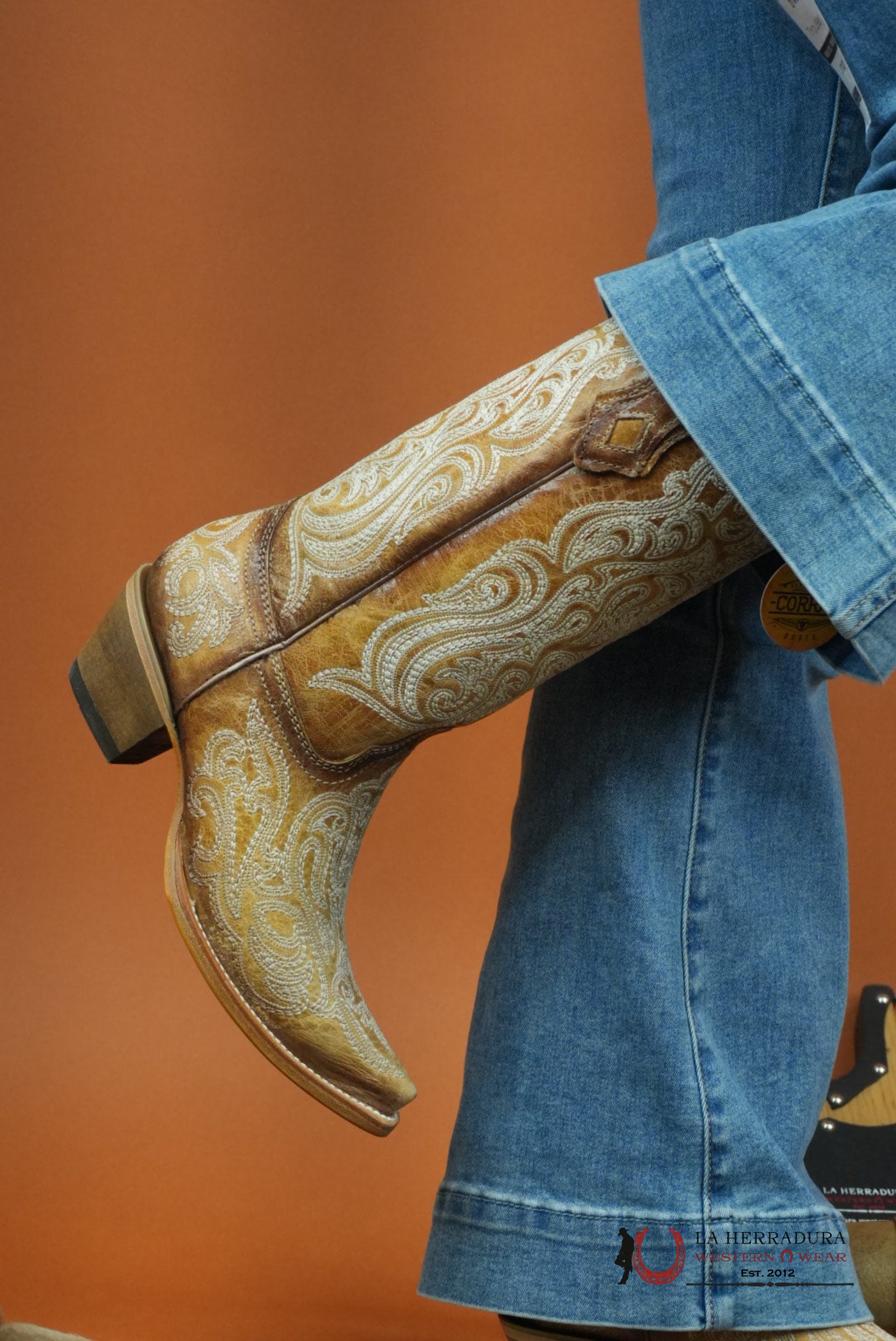 WOMENS CORRAL CRACKLED STRAW BLUE LIMINISCENT EMBROIDERY C4144 BOTAS MUJERES