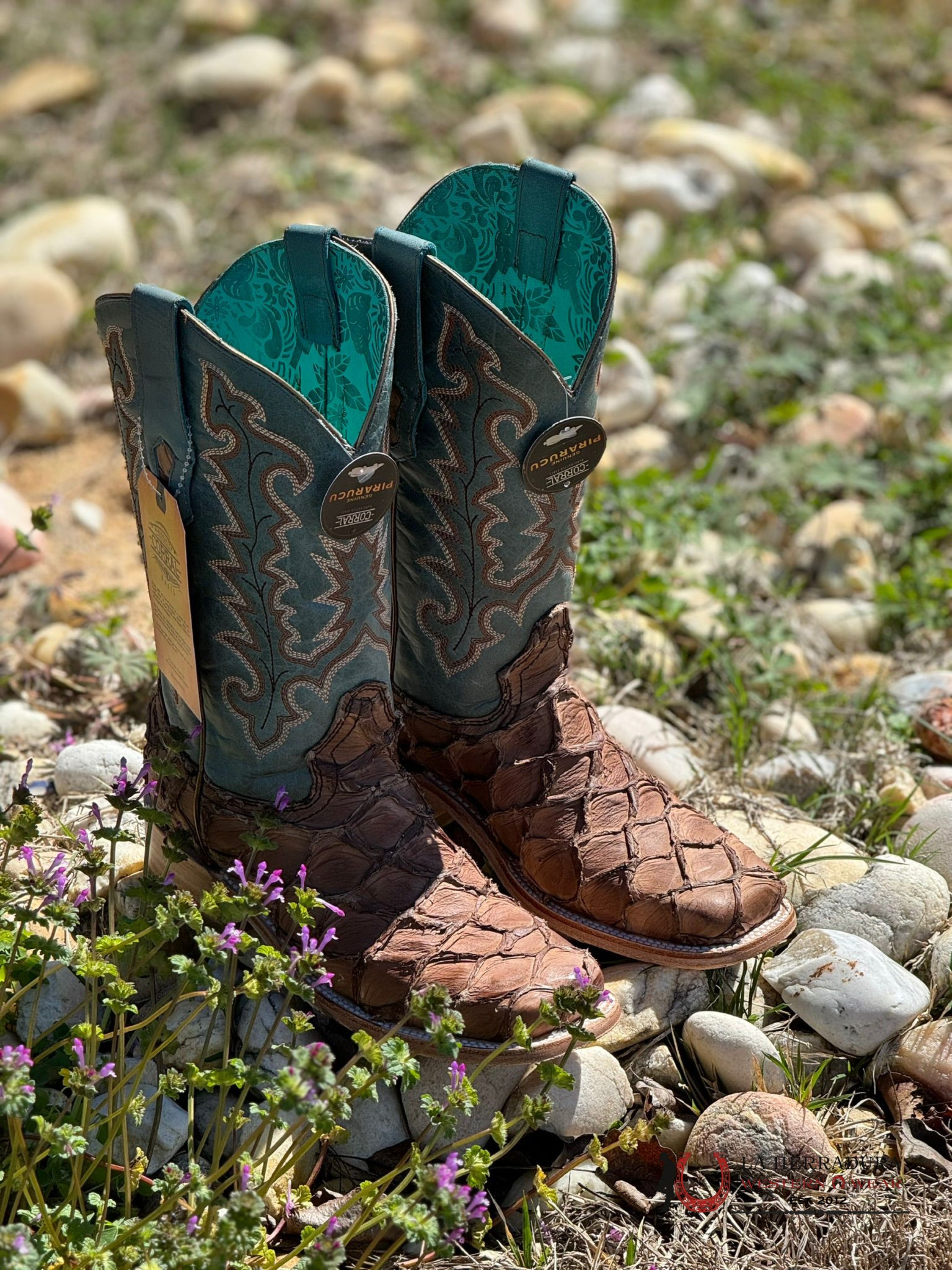 Womens Corral Light Brown Blue Top Fish Pirarucu Embroidery Botas Mujeres