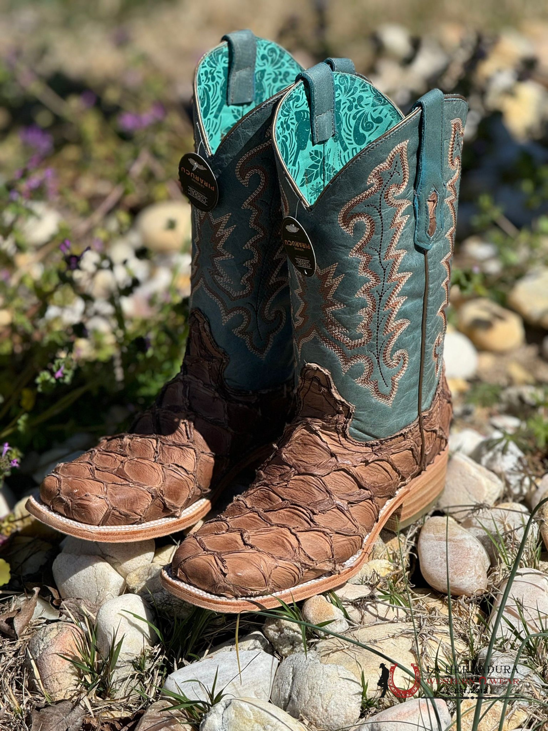 Womens Corral Light Brown Blue Top Fish Pirarucu Embroidery Botas Mujeres