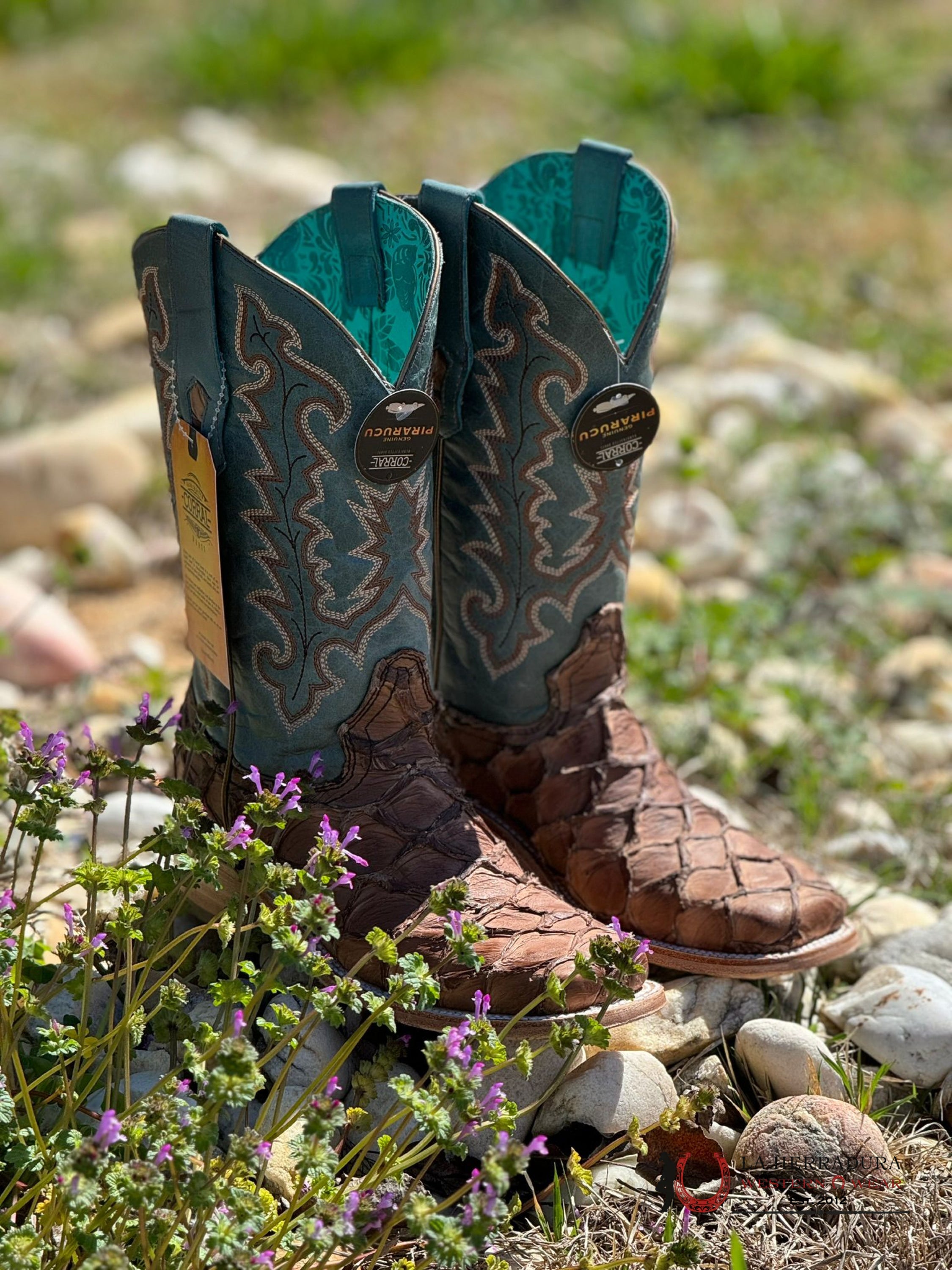 Womens Corral Light Brown Blue Top Fish Pirarucu Embroidery Botas Mujeres