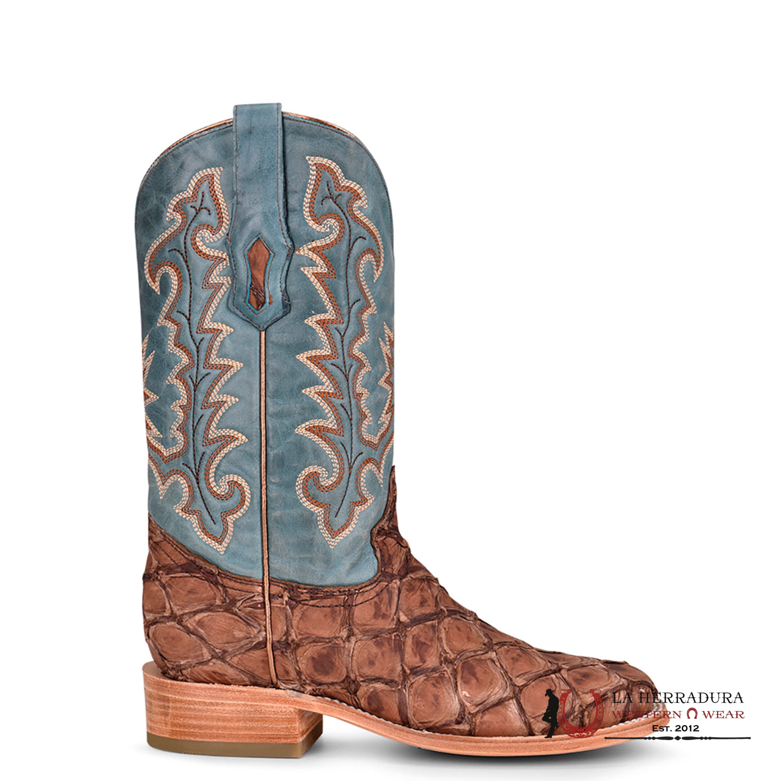 CORRAL D. BROWN/BLUE FISH PIRARUCU EMBROIDERY WIDE SQ. TOE A4205 BOTAS MUJERES