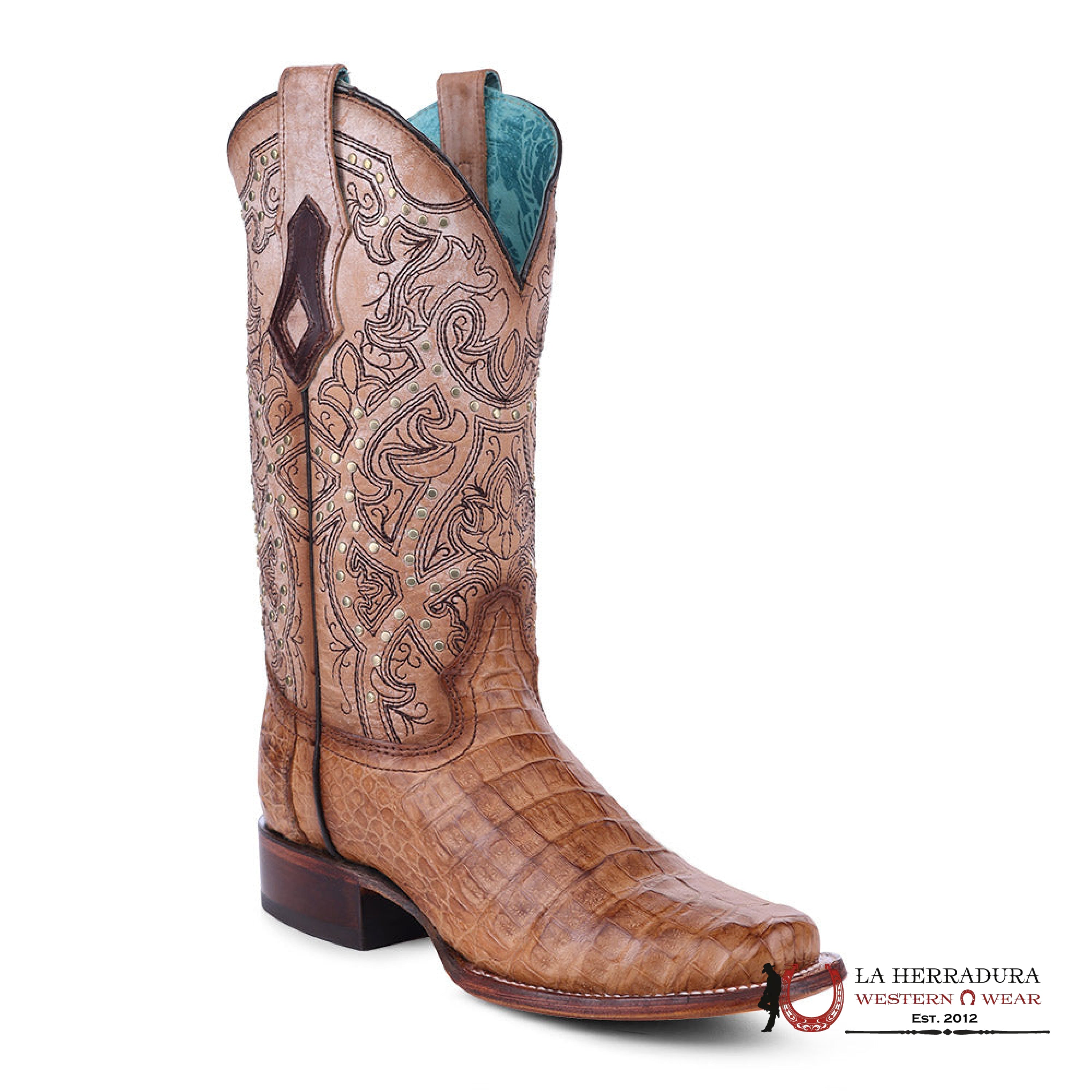 CORRAL HONEY CAIMAN EMBROIDERY & STUDS NARROW SQ. TOE A4566 BOTAS MUJERES