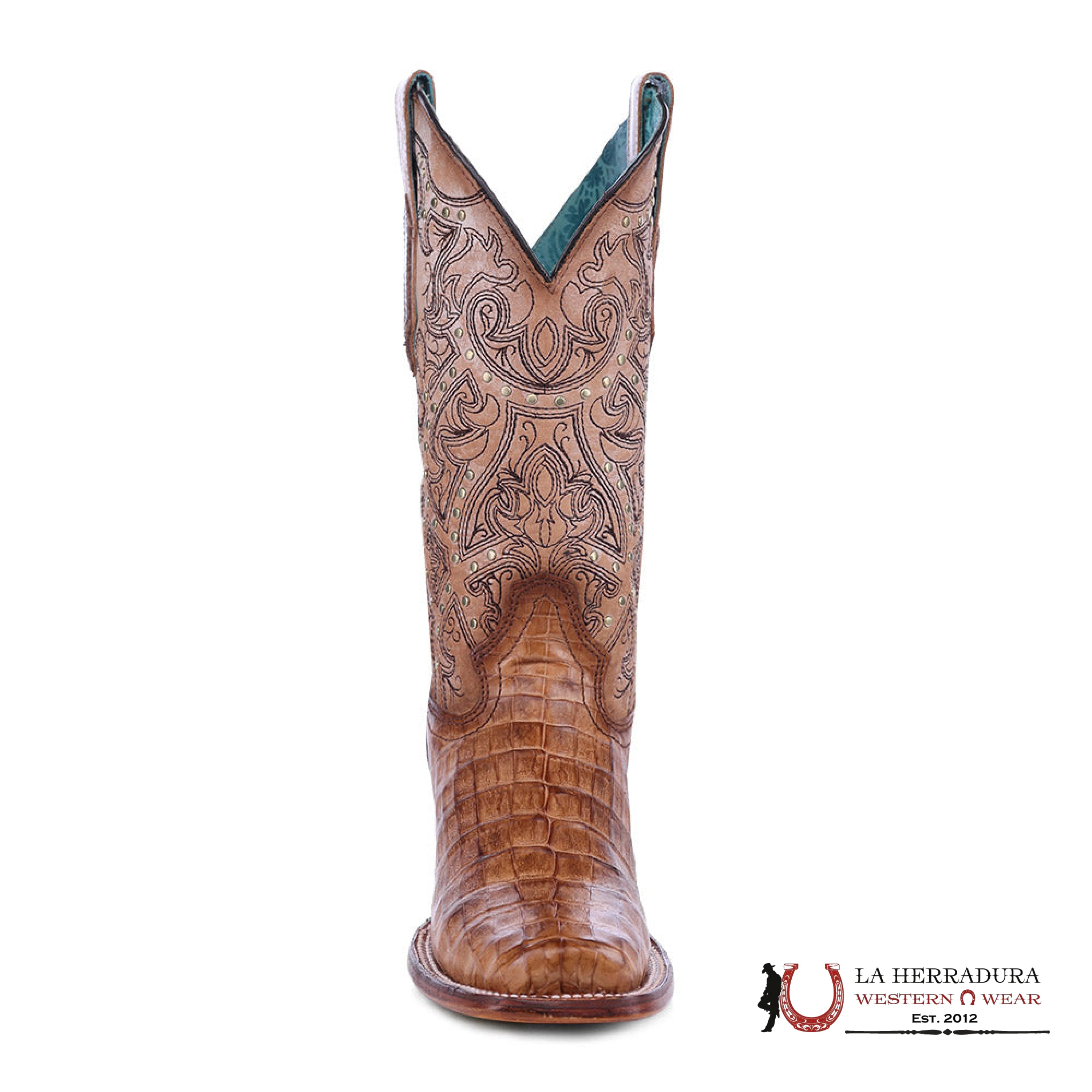 CORRAL HONEY CAIMAN EMBROIDERY & STUDS NARROW SQ. TOE A4566 BOTAS MUJERES