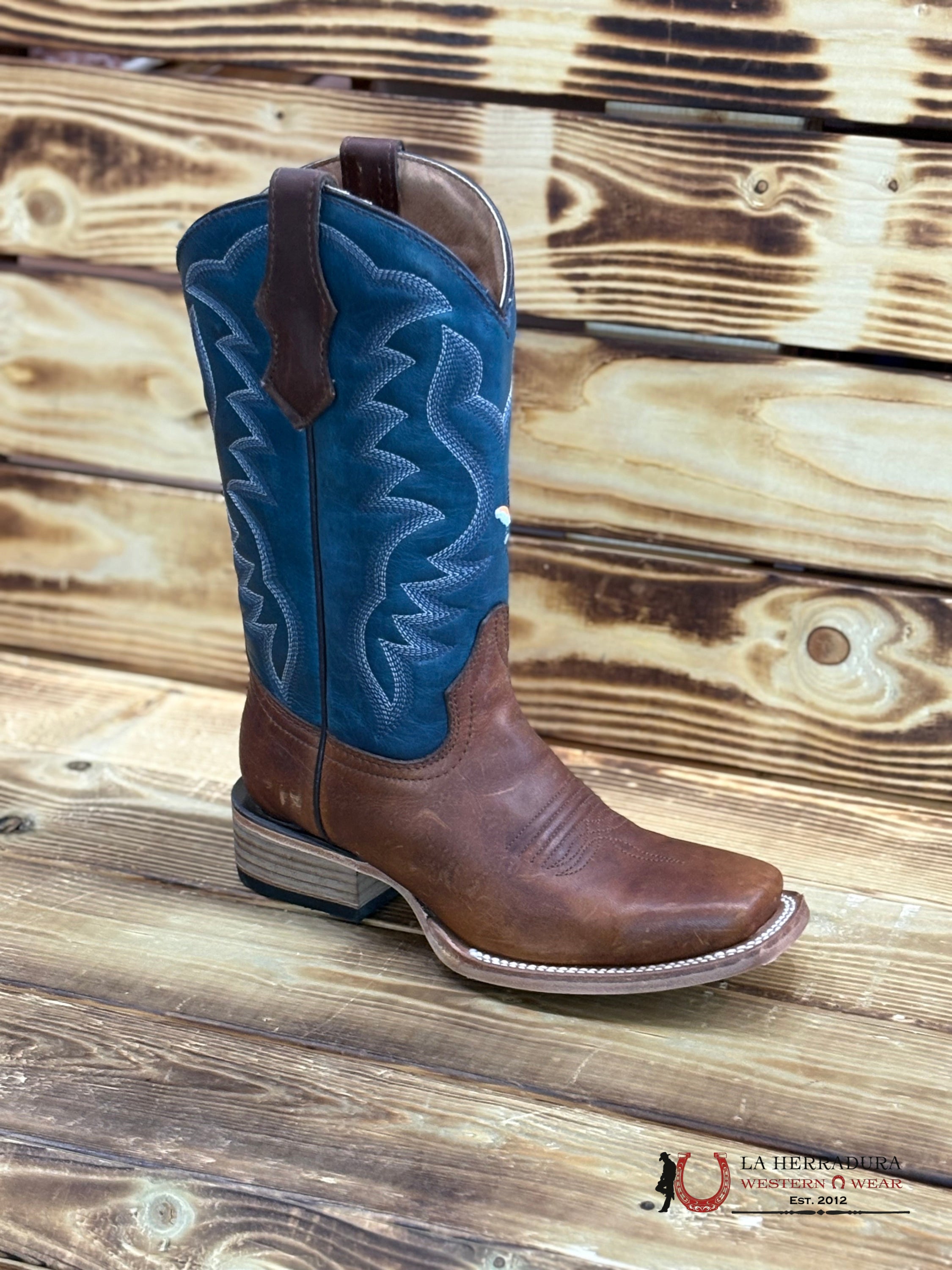 CORRAL KIDS TN BROWN/BLUE EMBROIDERY SQ. TOE -J7103 NIÑOS