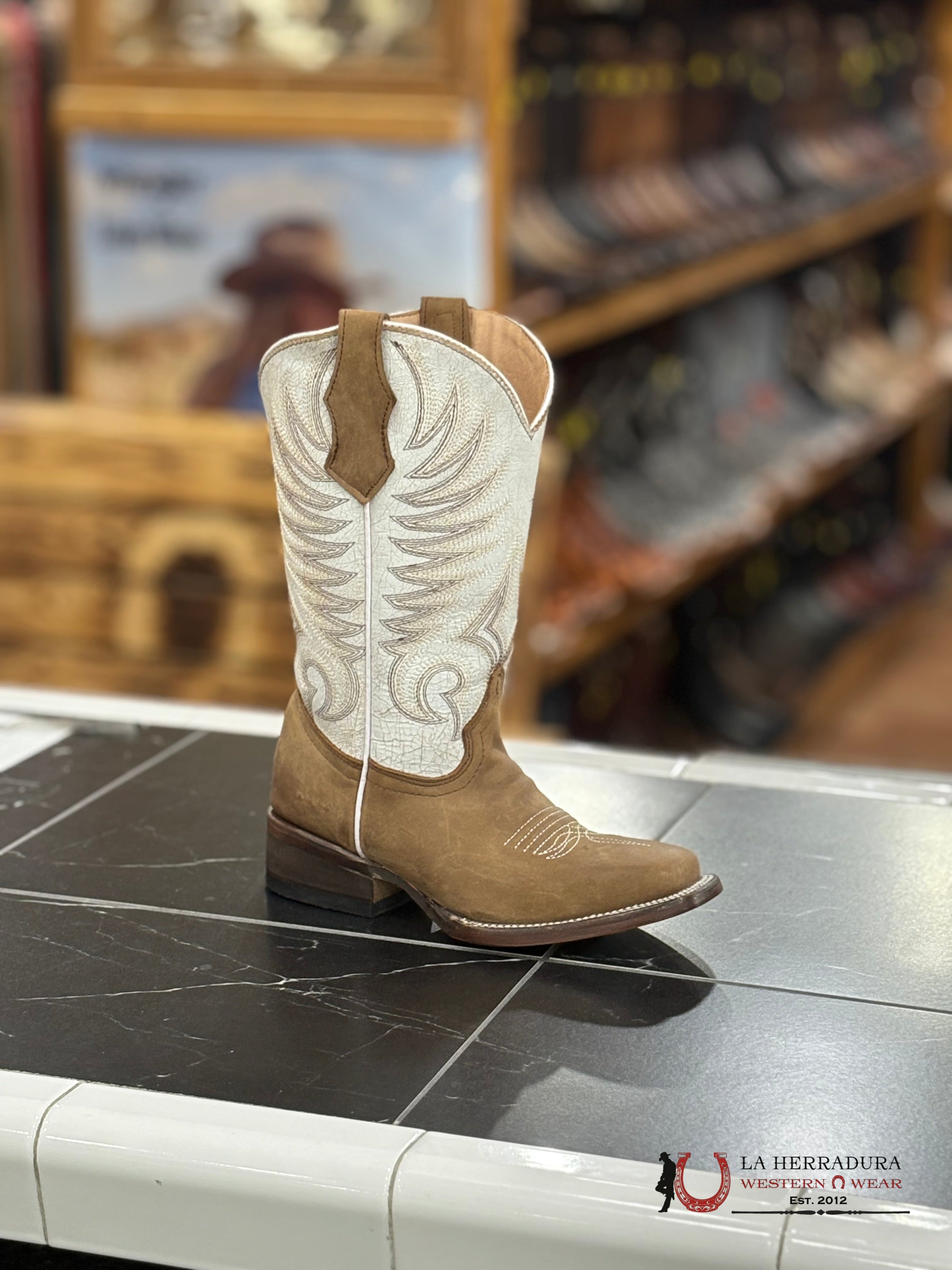 CORRAL KIDS TN WHITE/BROWN EMBROIDERY SQ. TOE -J7128 NIÑOS