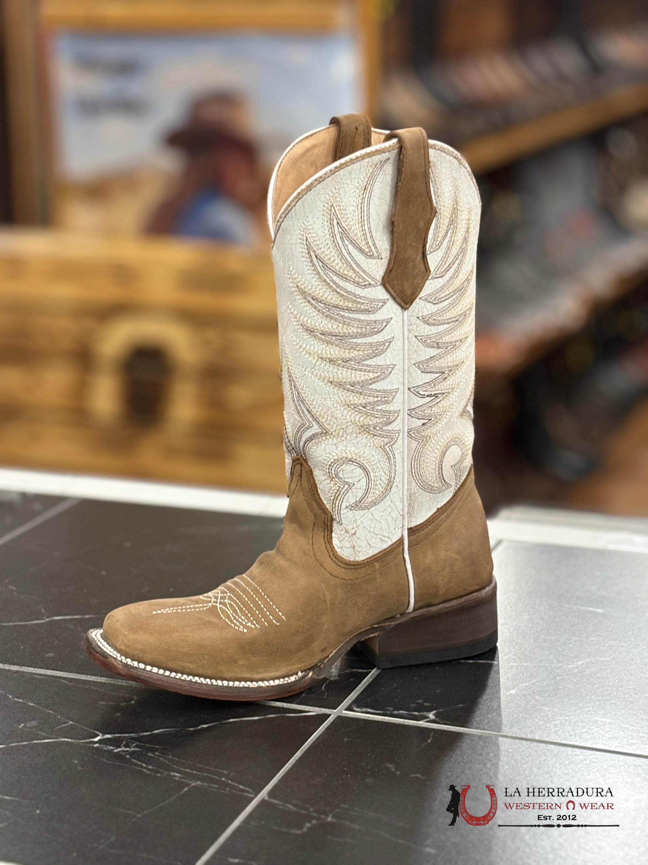 CORRAL KIDS TN WHITE/BROWN EMBROIDERY SQ. TOE -J7128 NIÑOS