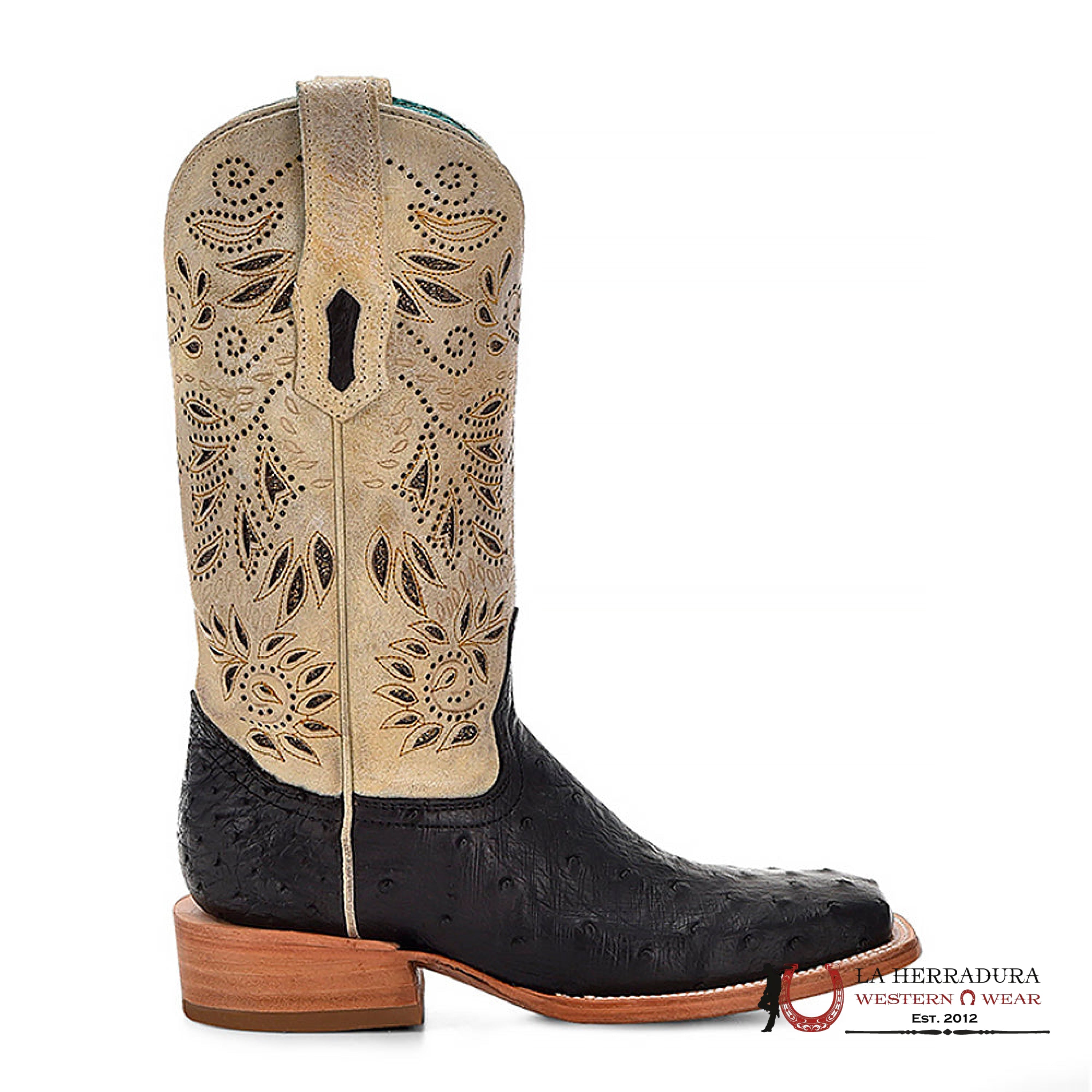 CORRAL LD BLACK/BONE OSTRICH EMBROIDERY & GLITTER SQ. TOE A4530 BOTAS MUJERES