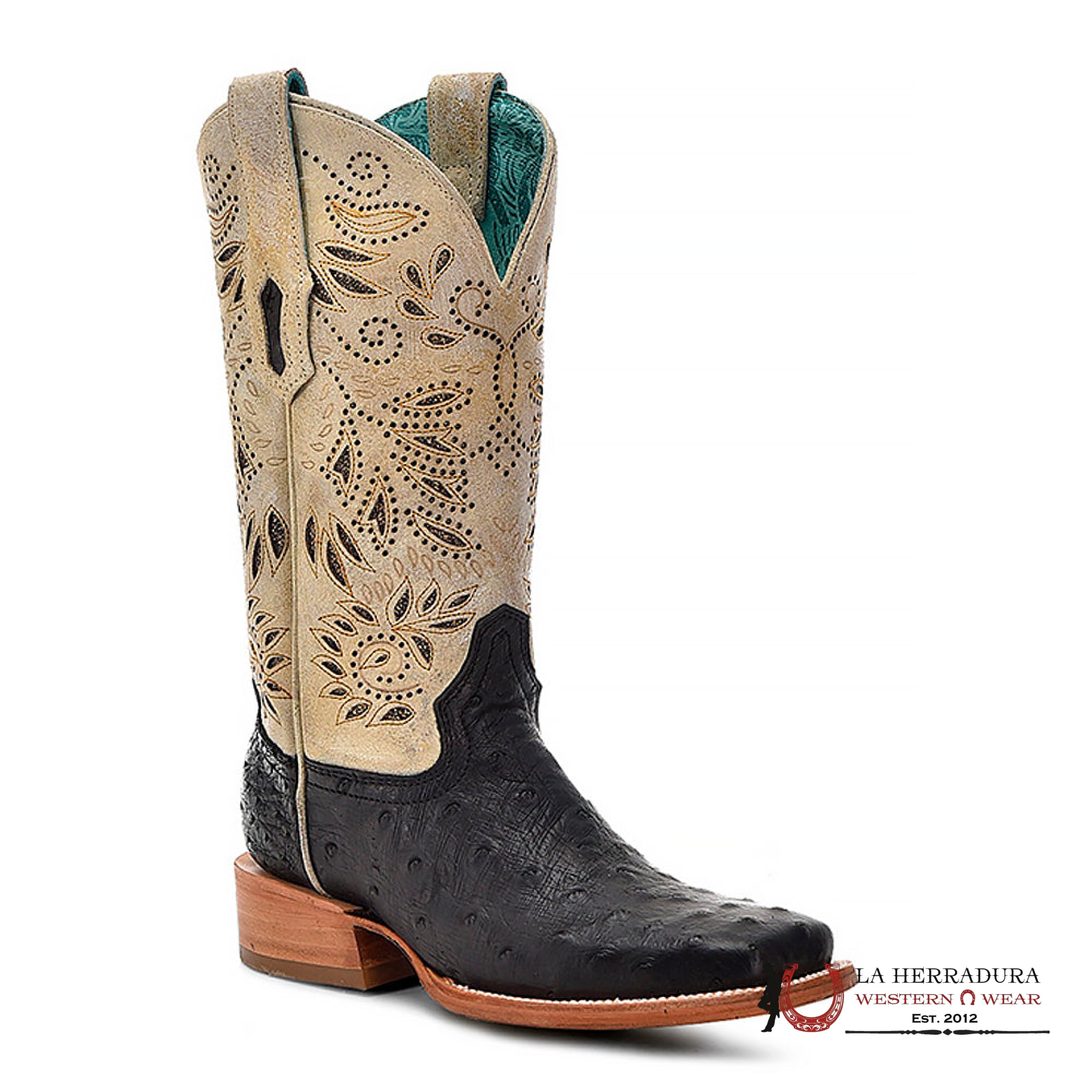CORRAL LD BLACK/BONE OSTRICH EMBROIDERY & GLITTER SQ. TOE A4530 BOTAS MUJERES