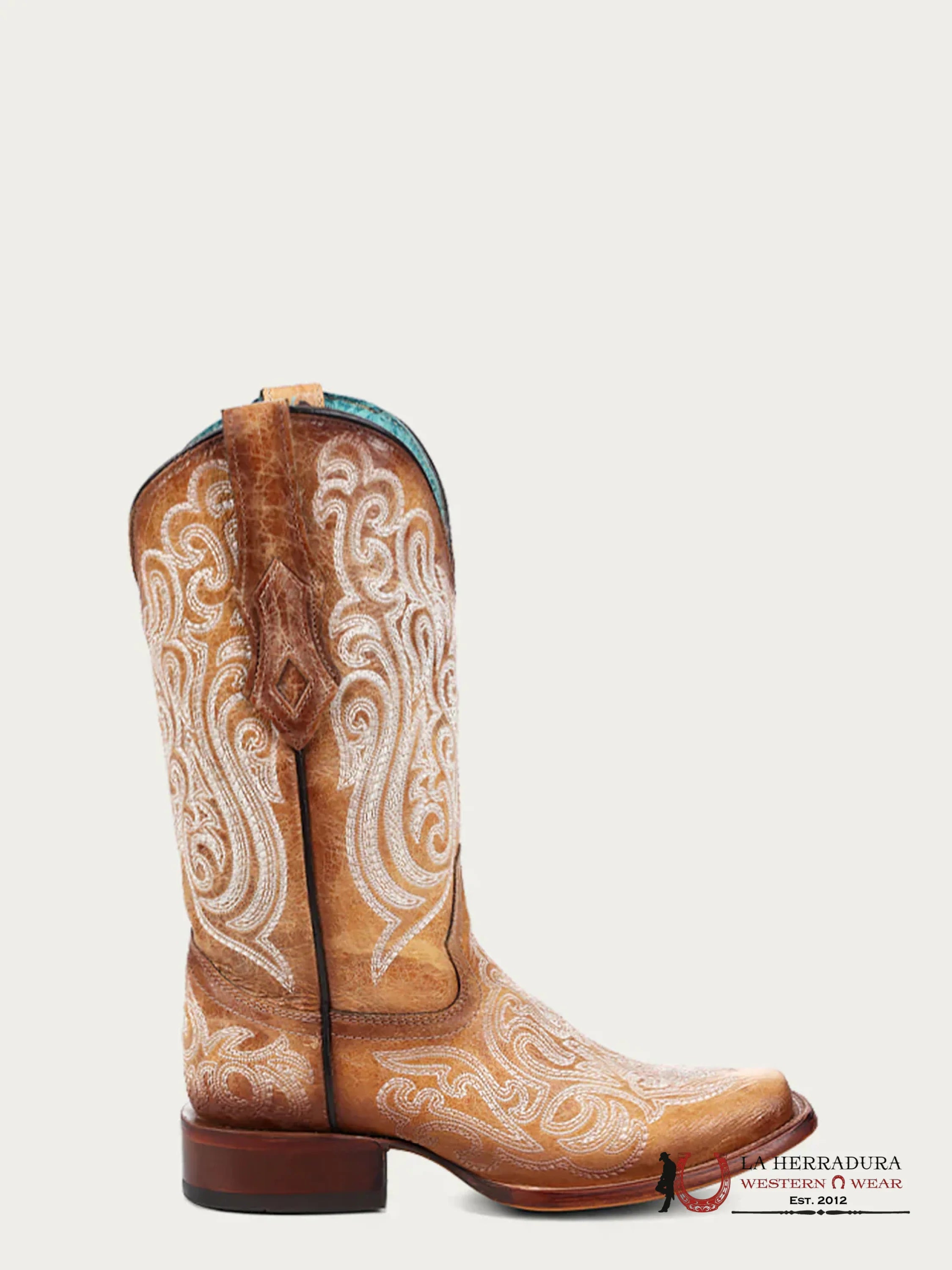 CORRAL LD STRAW-BLUE LUMINESCENT EMBROIDERY SQ. TOE -A4580 BOTAS MUJERES